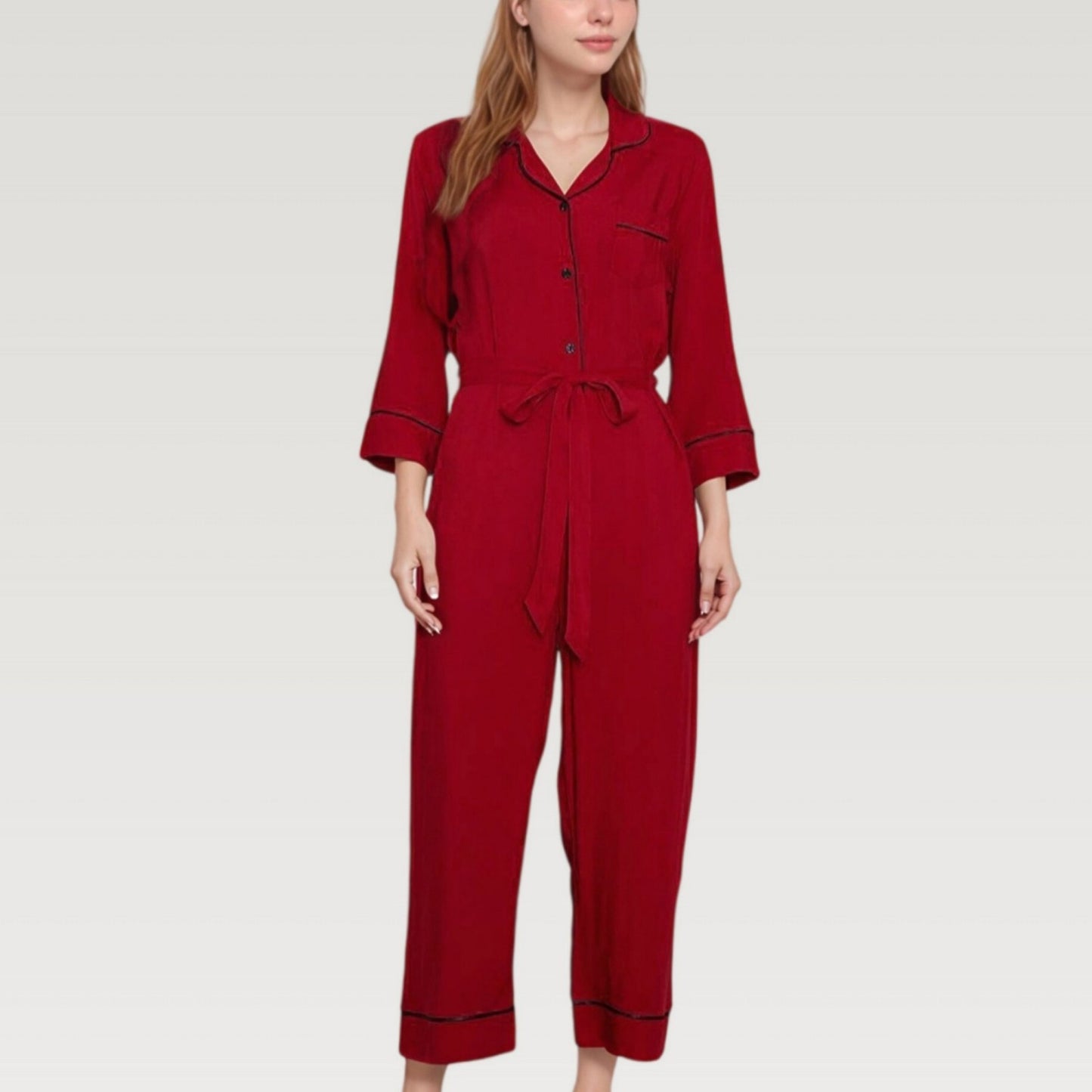 Anna-Kaci Lounge Women's Button Front Pajama Jumpsuit with Contrast Trim and Waist Tie Detail