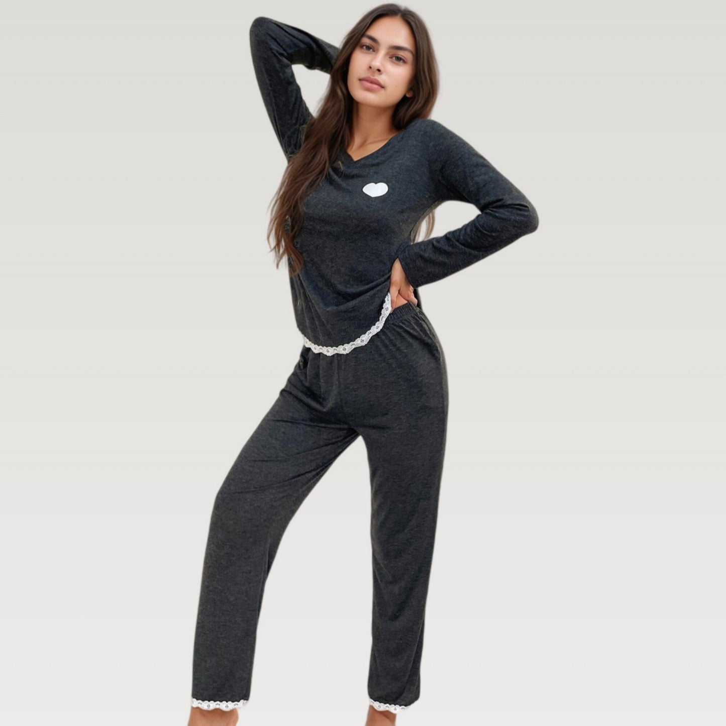 Anna-Kaci Lounge Women's Long Sleeve Pajama Set with Lace Trim and Heart Detail
