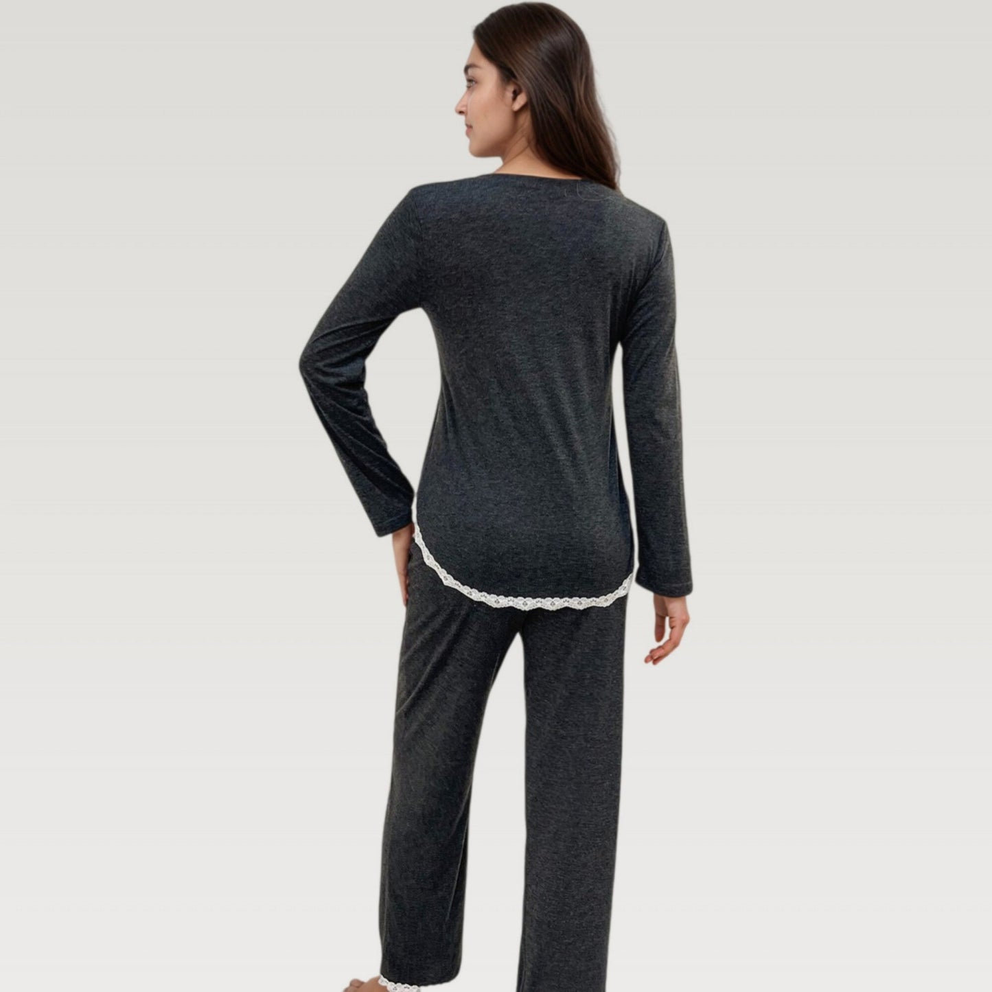 Anna-Kaci Lounge Women's Long Sleeve Pajama Set with Lace Trim and Heart Detail