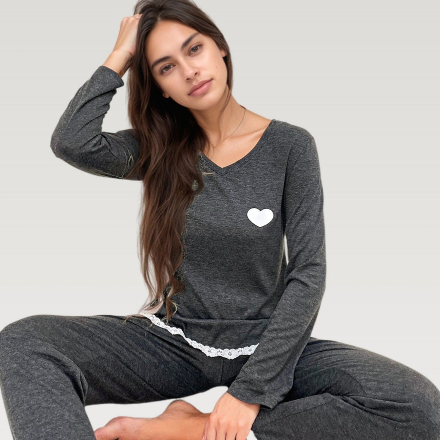 Anna-Kaci Lounge Women's Long Sleeve Pajama Set with Lace Trim and Heart Detail