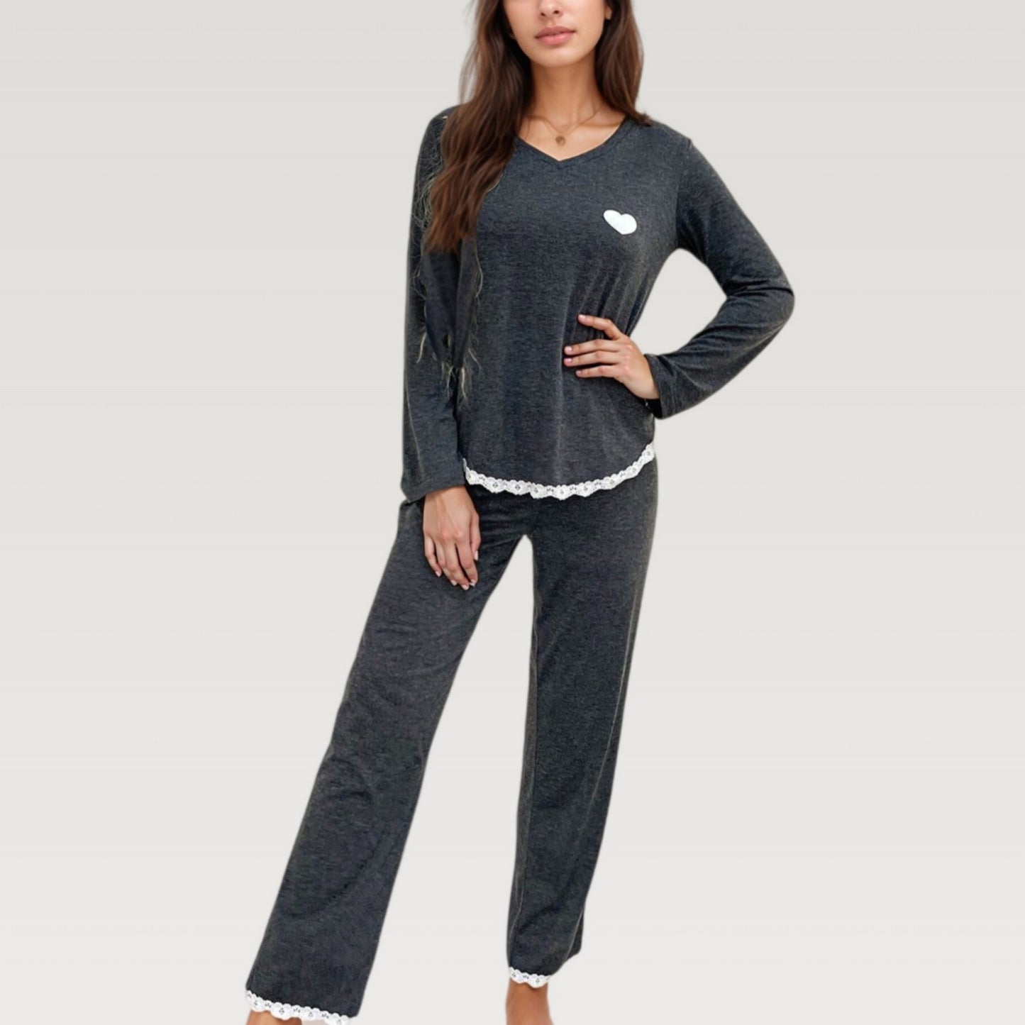 Anna-Kaci Lounge Women's Long Sleeve Pajama Set with Lace Trim and Heart Detail