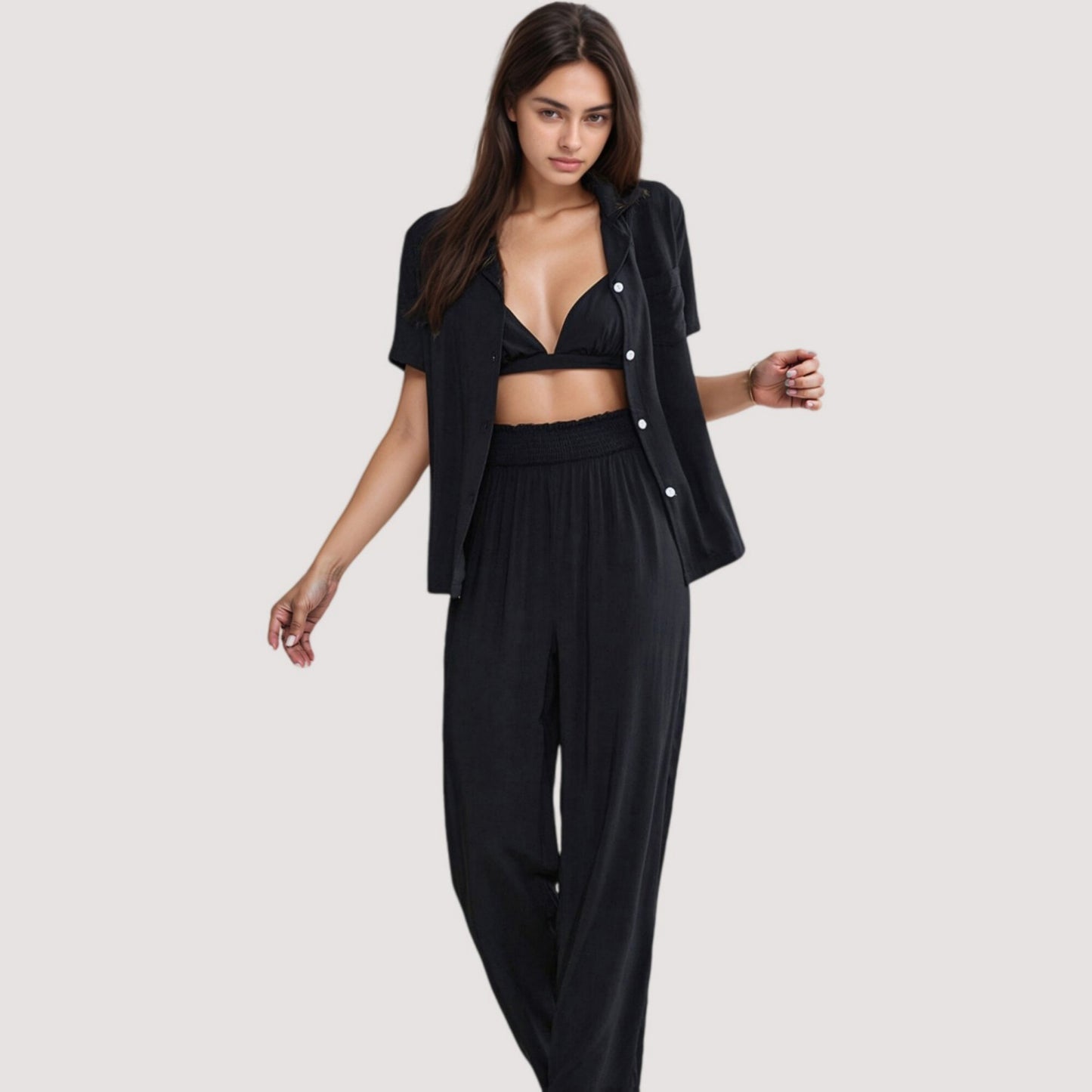 Anna-Kaci Lounge Women's 3-Piece Pajama Set with Bralette Top, Button Down Shirt, and Wide Leg Pants