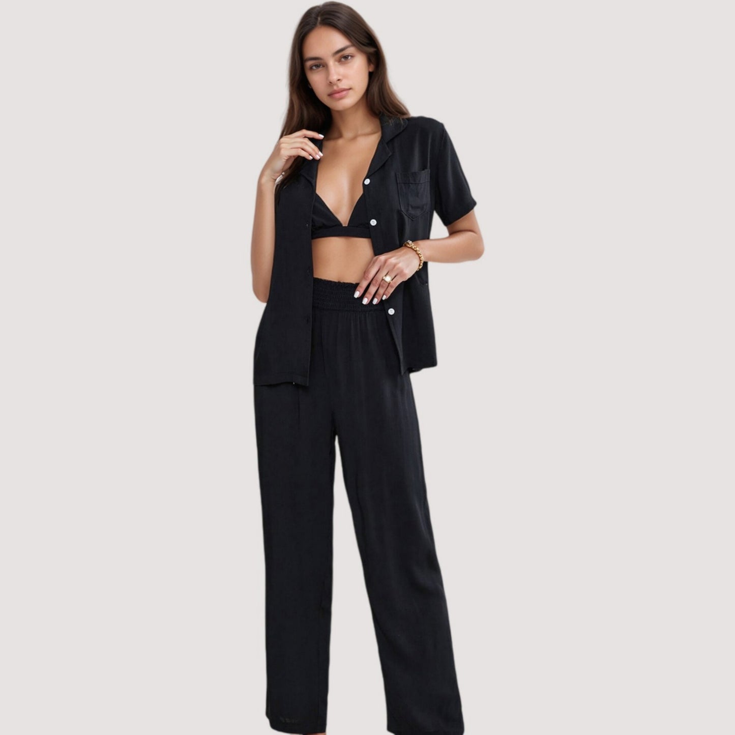 Anna-Kaci Lounge Women's 3-Piece Pajama Set with Bralette Top, Button Down Shirt, and Wide Leg Pants