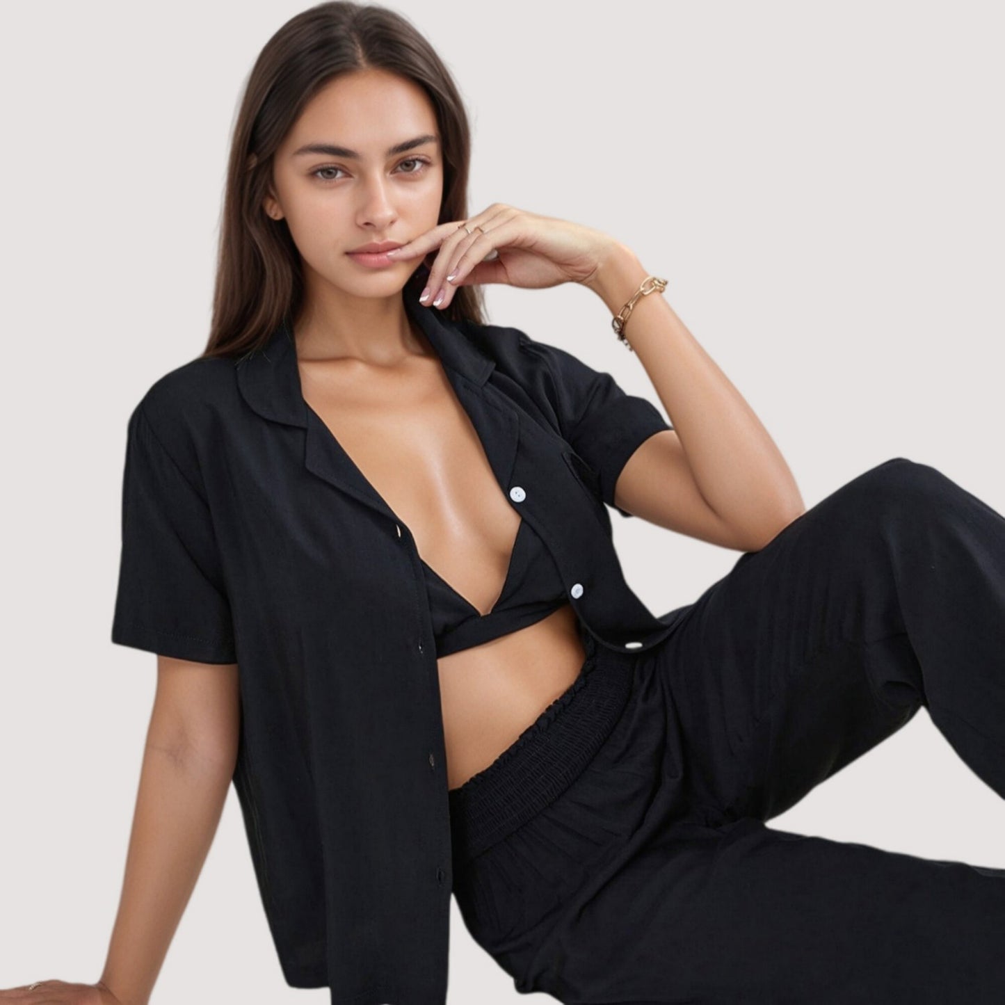 Anna-Kaci Lounge Women's 3-Piece Pajama Set with Bralette Top, Button Down Shirt, and Wide Leg Pants