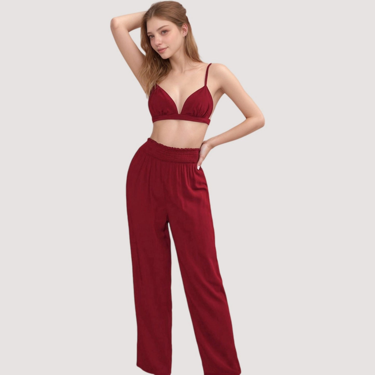 Anna-Kaci Lounge Women's 3-Piece Pajama Set with Bralette Top, Button Down Shirt, and Wide Leg Pants