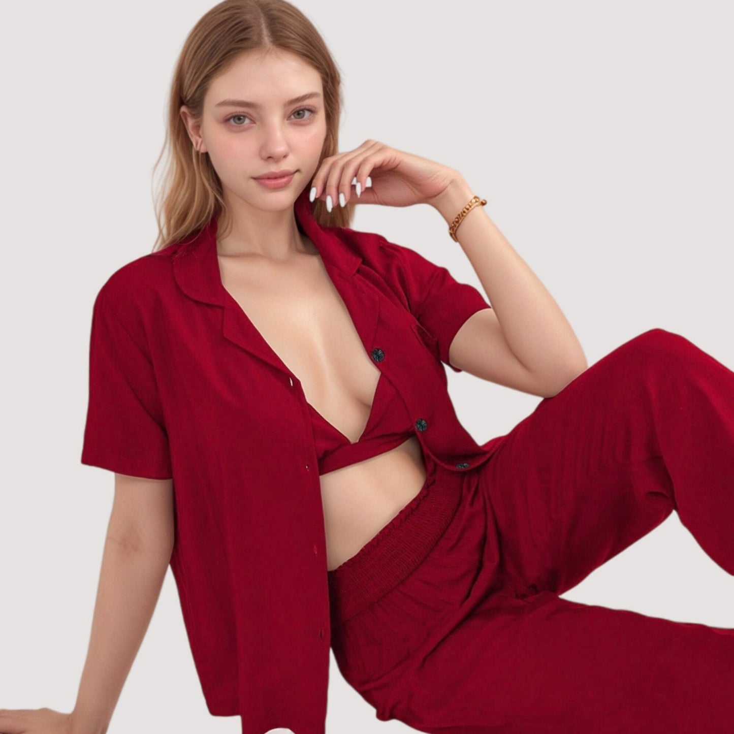 Anna-Kaci Lounge Women's 3-Piece Pajama Set with Bralette Top, Button Down Shirt, and Wide Leg Pants