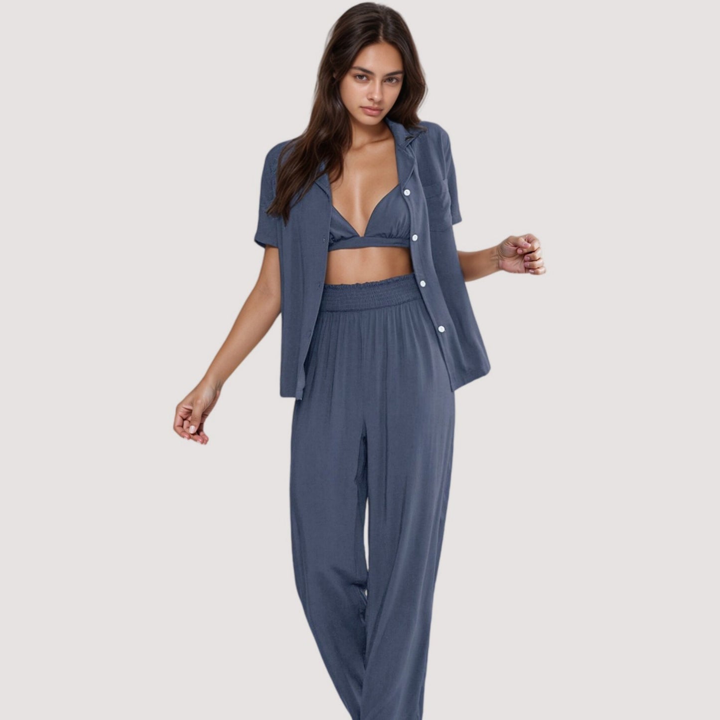 Anna-Kaci Lounge Women's 3-Piece Pajama Set with Bralette Top, Button Down Shirt, and Wide Leg Pants