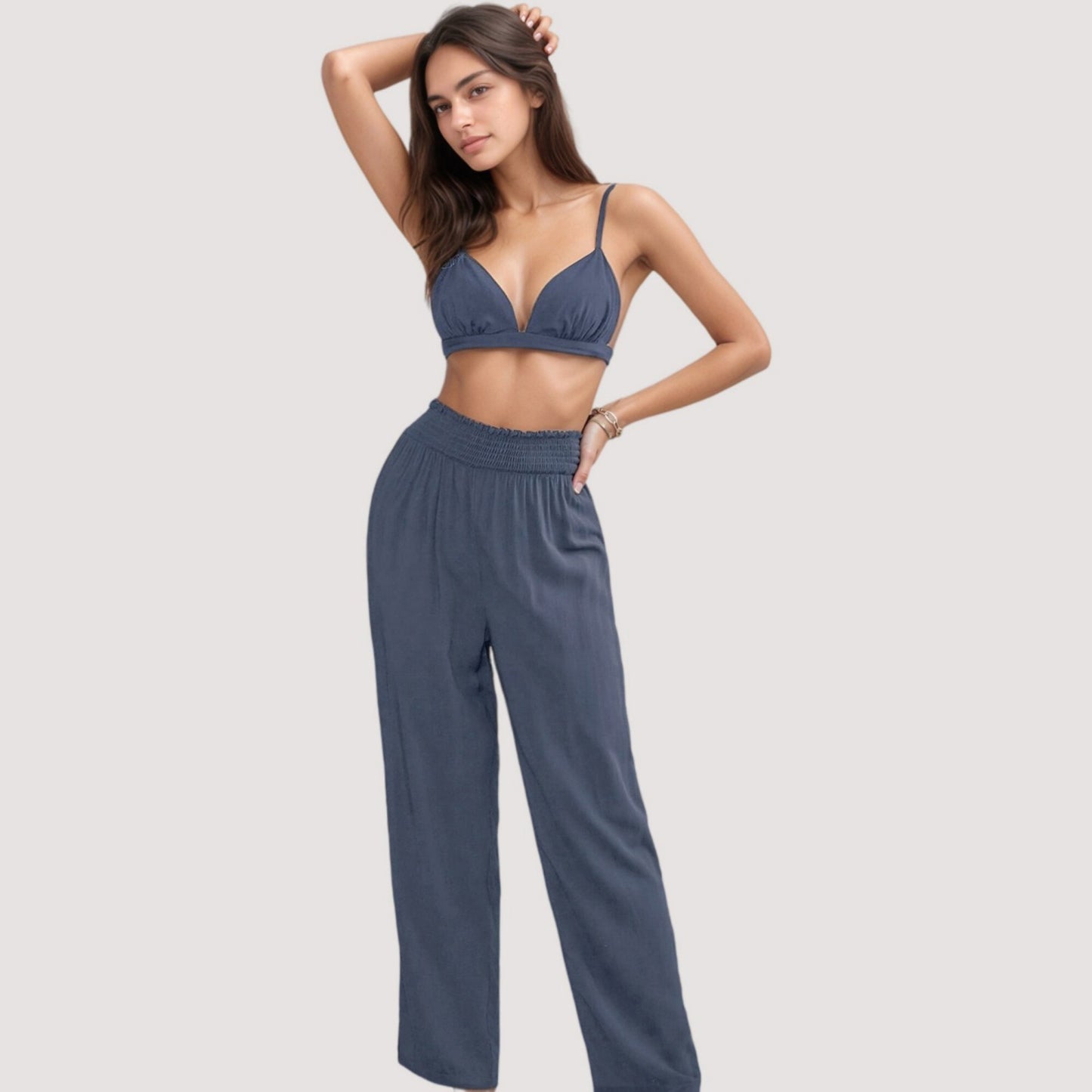 Anna-Kaci Lounge Women's 3-Piece Pajama Set with Bralette Top, Button Down Shirt, and Wide Leg Pants
