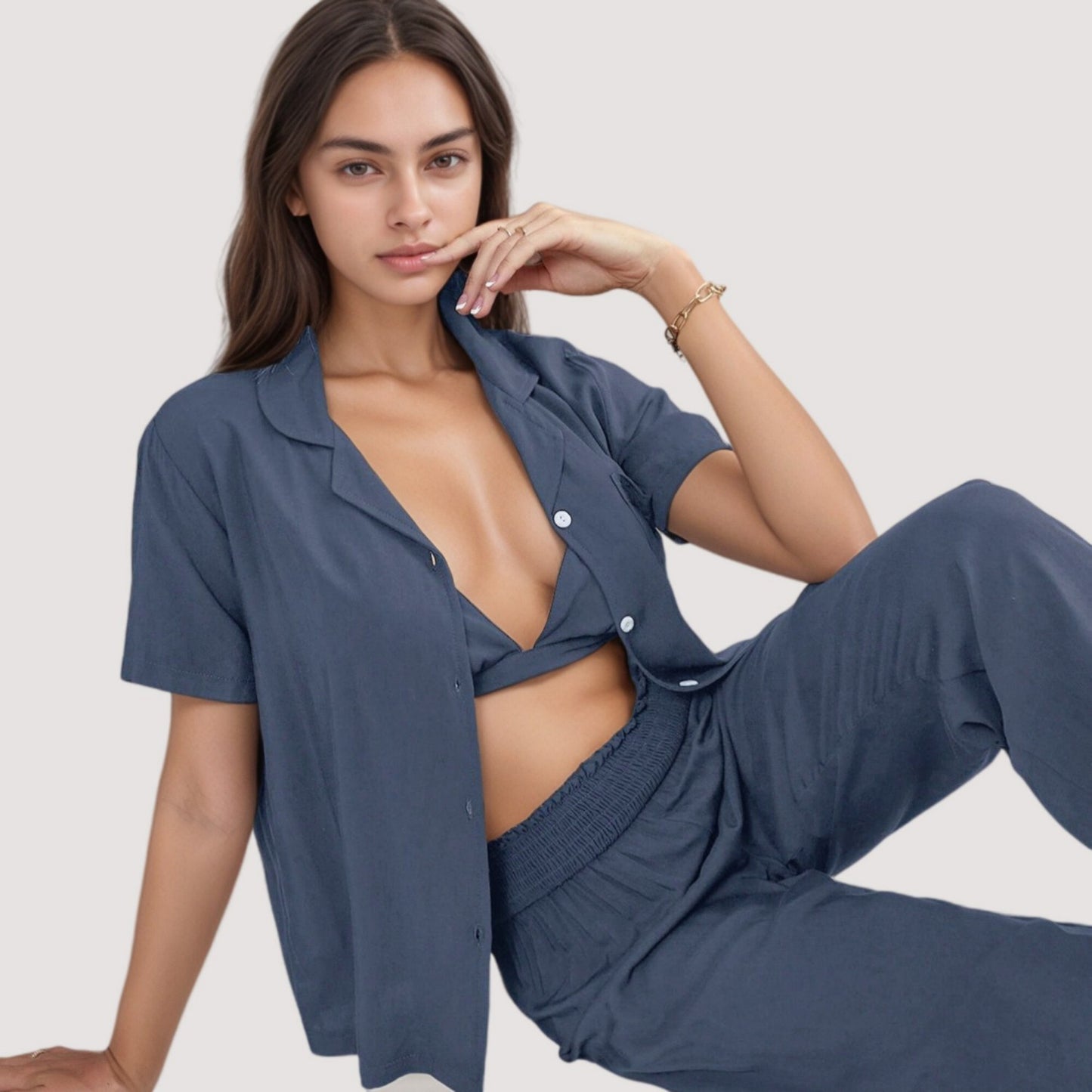Anna-Kaci Lounge Women's 3-Piece Pajama Set with Bralette Top, Button Down Shirt, and Wide Leg Pants