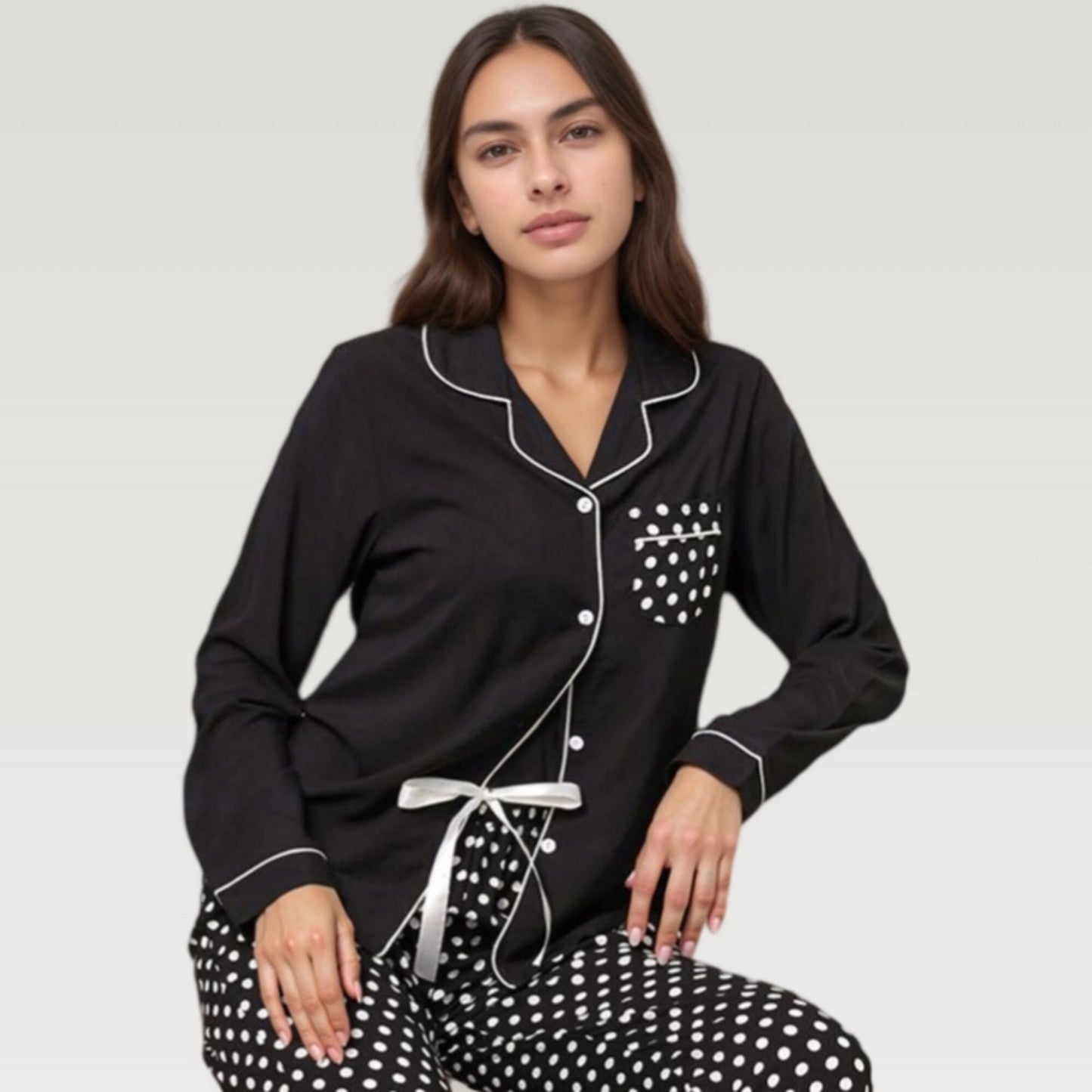 Anna-Kaci Lounge Women's Polka Dot Pajama Set with Long Sleeve Button Top and Elastic Waist Pants