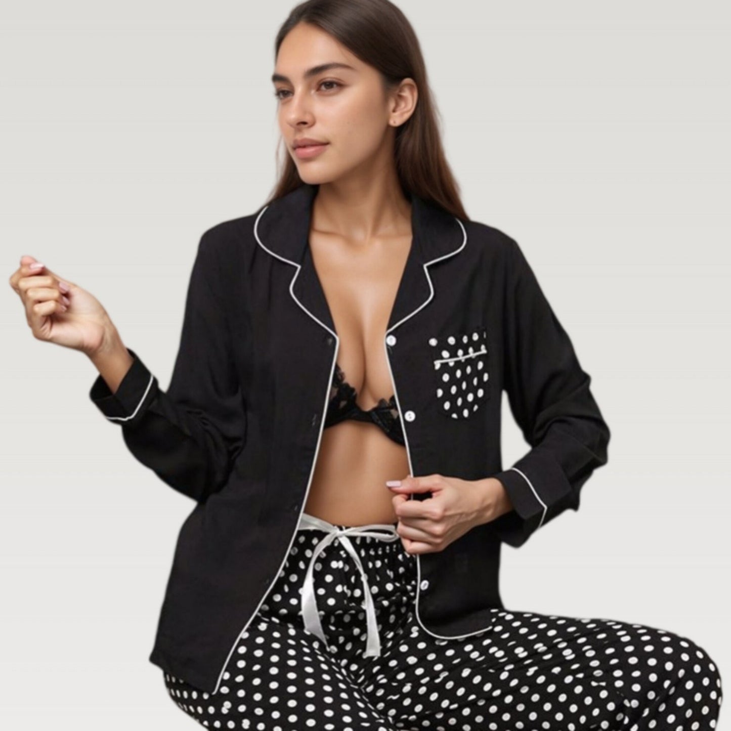 Anna-Kaci Lounge Women's Polka Dot Pajama Set with Long Sleeve Button Top and Elastic Waist Pants