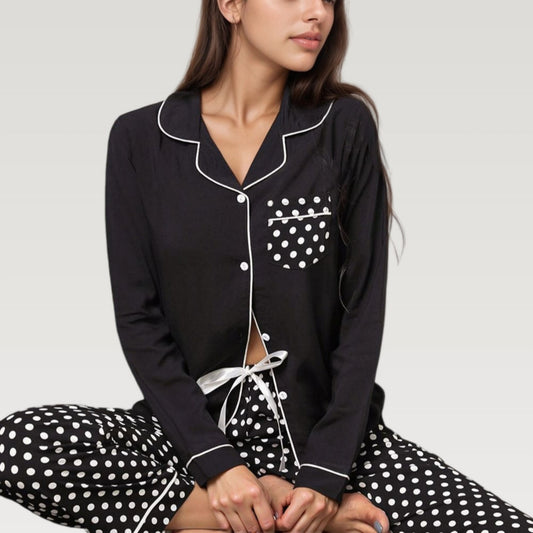Anna-Kaci Lounge Women's Polka Dot Pajama Set with Long Sleeve Button Top and Elastic Waist Pants