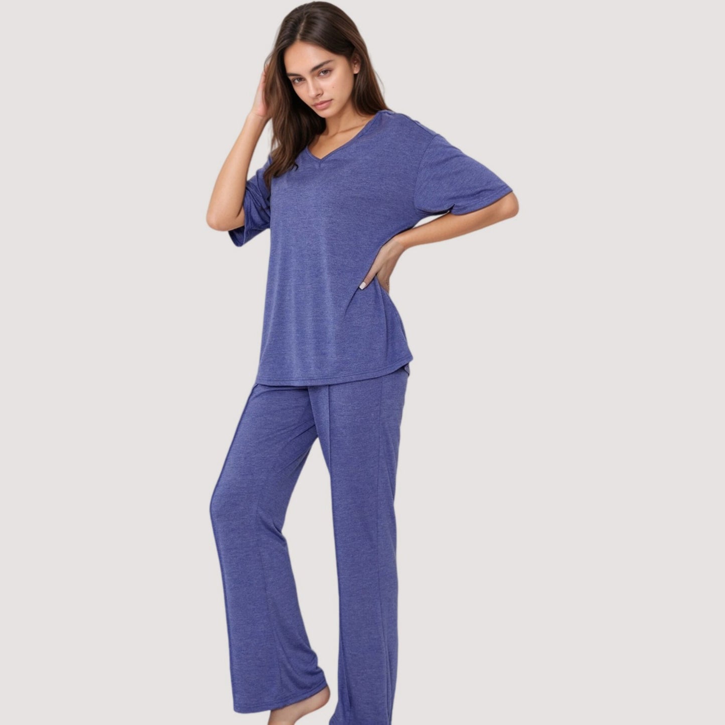 Anna-Kaci Lounge Women's Relaxed Fit Lounge Set with V-Neck Short Sleeve Top and Full-Length Pants