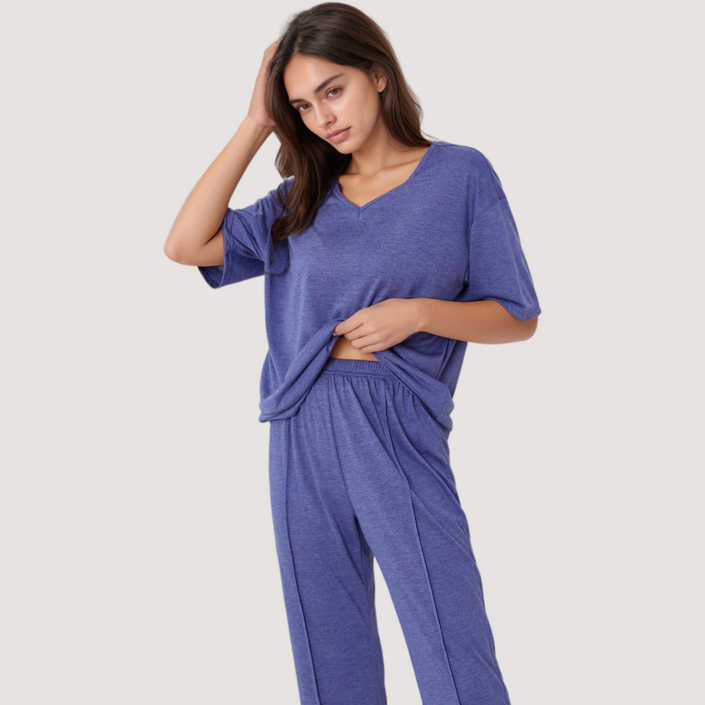 Anna-Kaci Lounge Women's Relaxed Fit Lounge Set with V-Neck Short Sleeve Top and Full-Length Pants