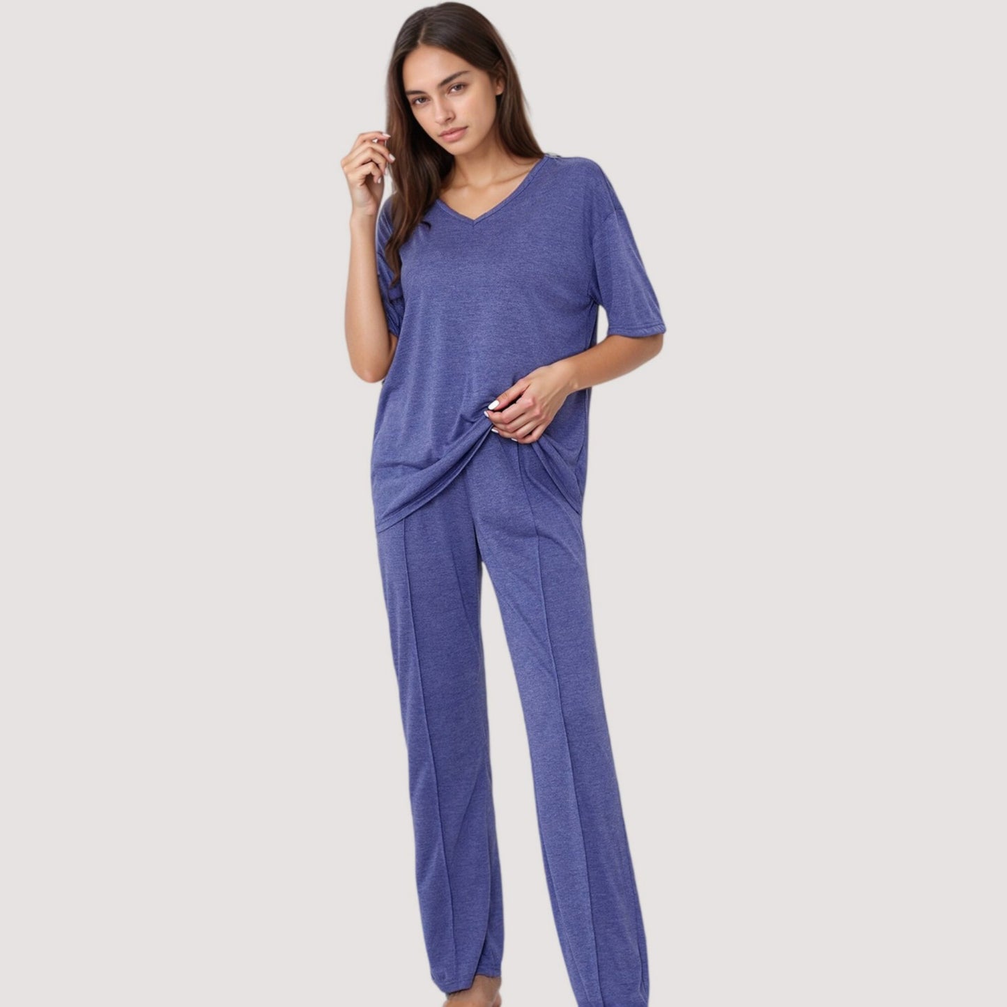 Anna-Kaci Lounge Women's Relaxed Fit Lounge Set with V-Neck Short Sleeve Top and Full-Length Pants