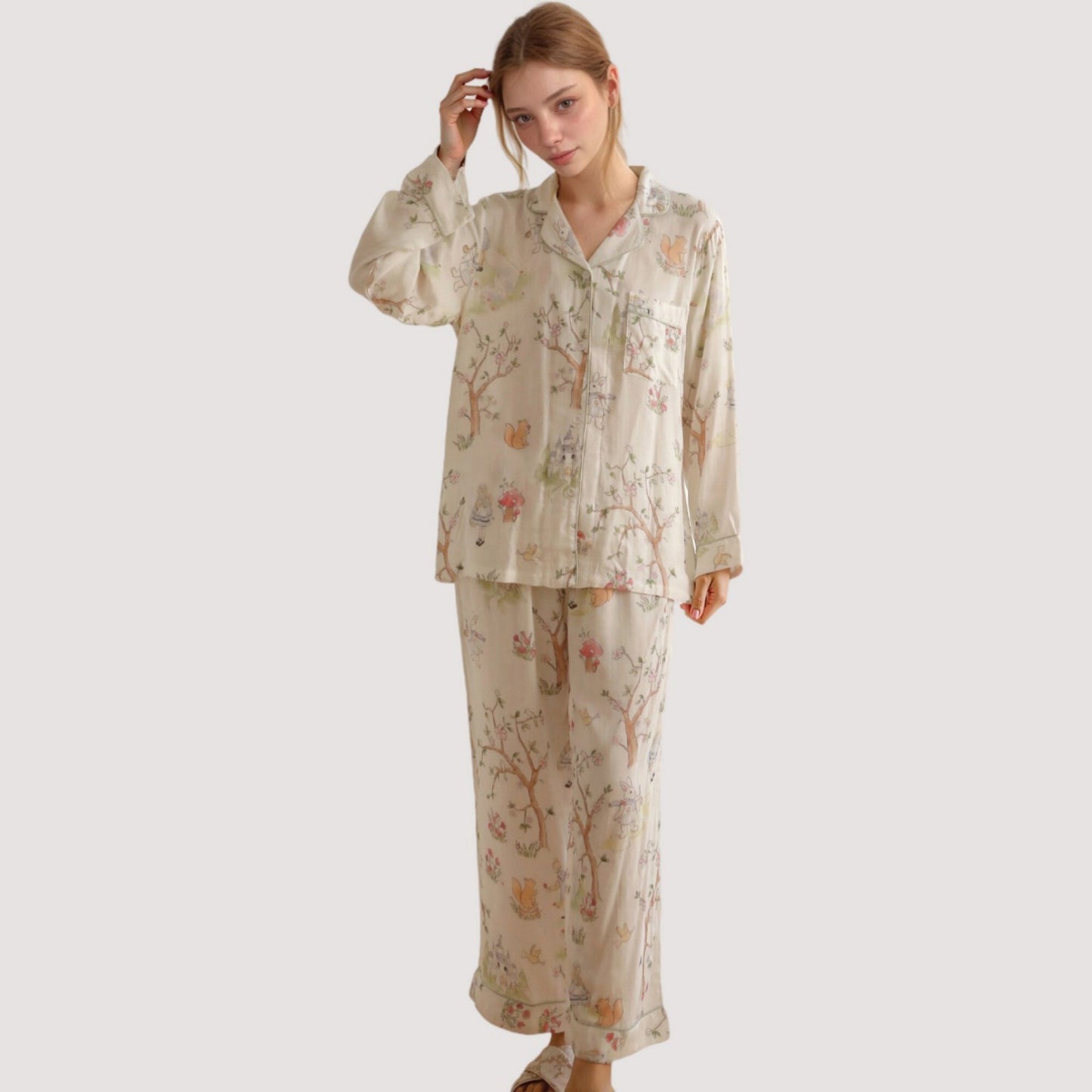 Anna-Kaci Lounge Women's Woodland Animal Pajama Set with Button-Up Long Sleeve Top and Relaxed Fit Pants