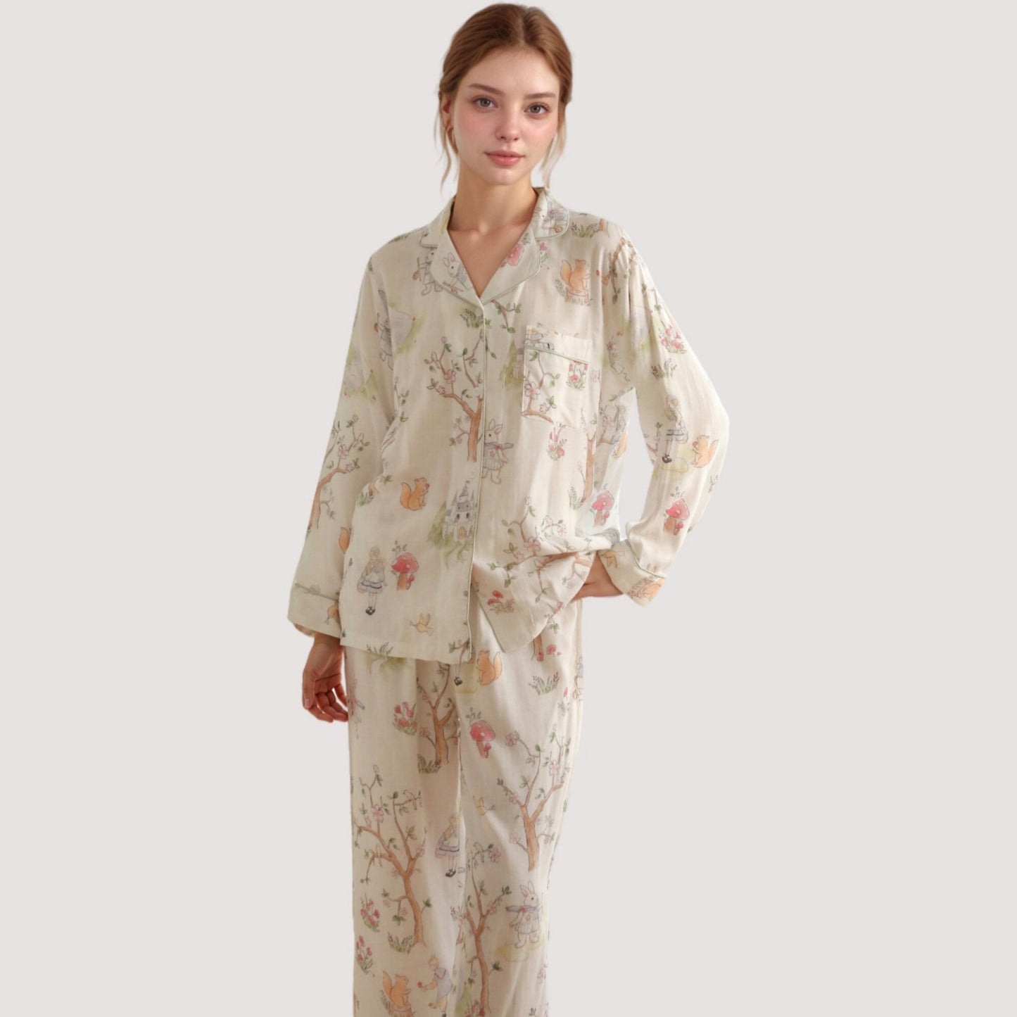 Anna-Kaci Lounge Women's Woodland Animal Pajama Set with Button-Up Long Sleeve Top and Relaxed Fit Pants