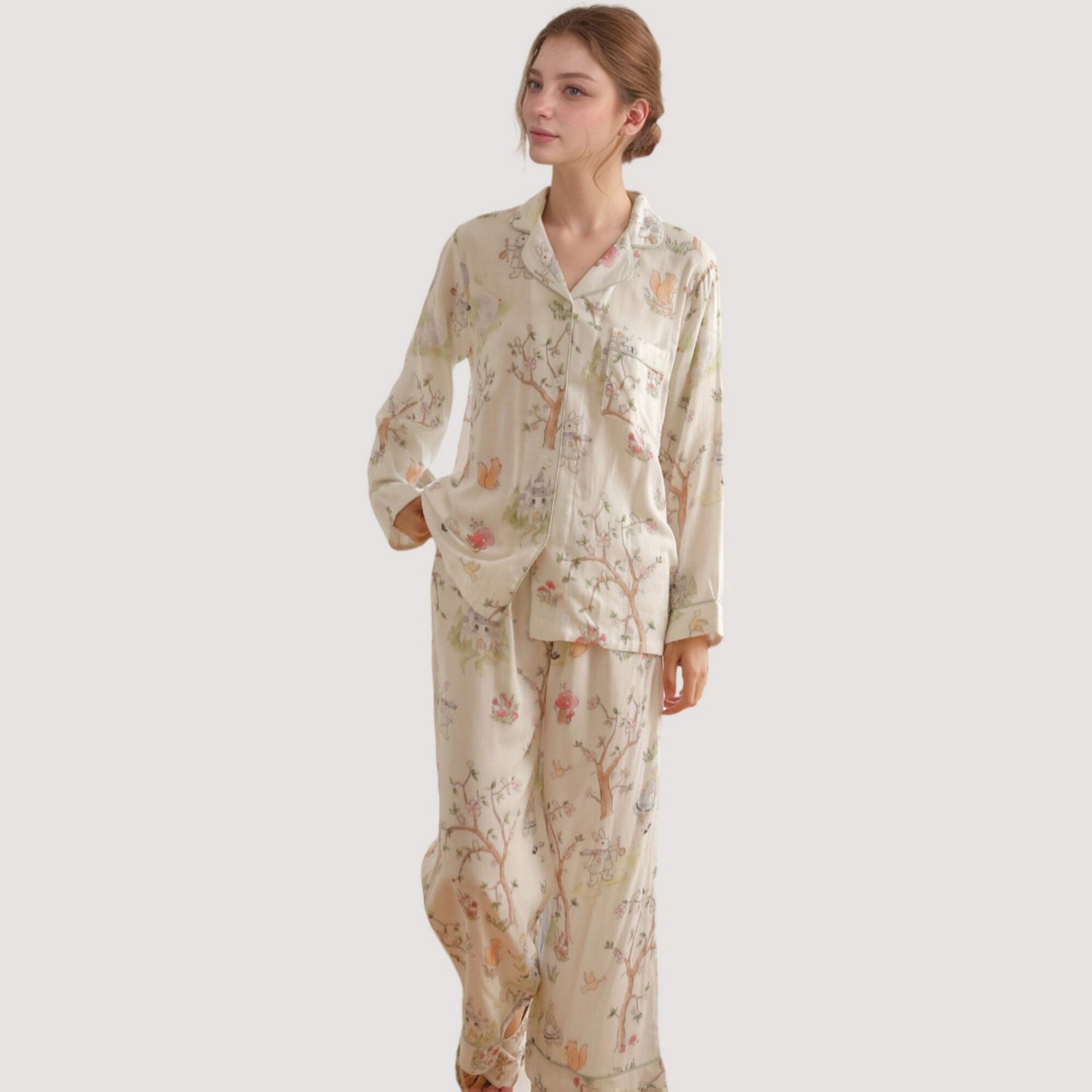 Anna-Kaci Lounge Women's Woodland Animal Pajama Set with Button-Up Long Sleeve Top and Relaxed Fit Pants