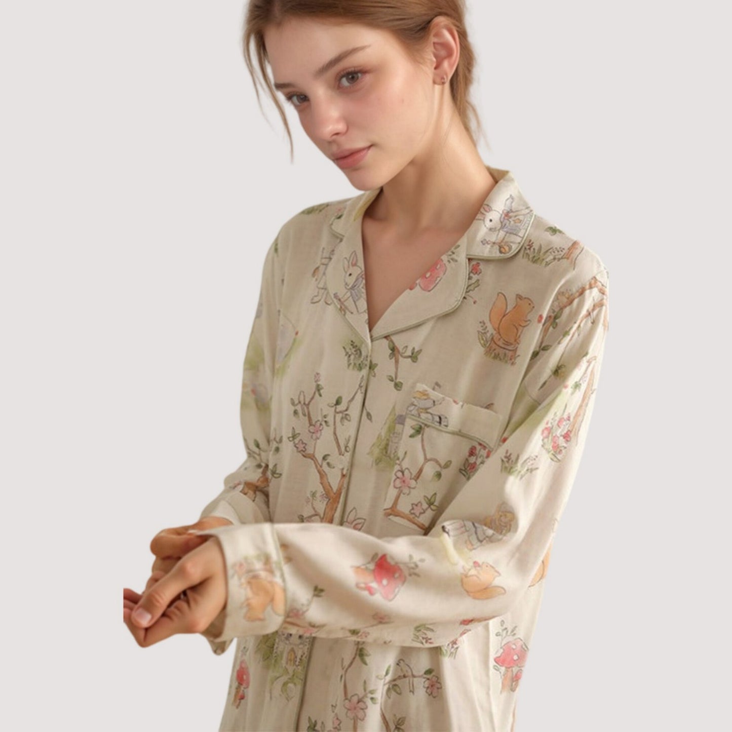 Anna-Kaci Lounge Women's Woodland Animal Pajama Set with Button-Up Long Sleeve Top and Relaxed Fit Pants