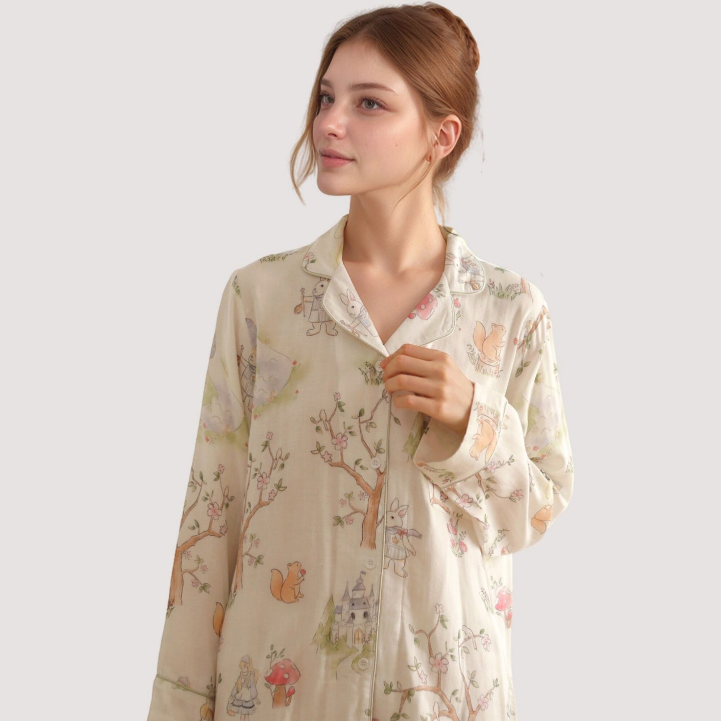 Anna-Kaci Lounge Women's Woodland Animal Pajama Set with Button-Up Long Sleeve Top and Relaxed Fit Pants