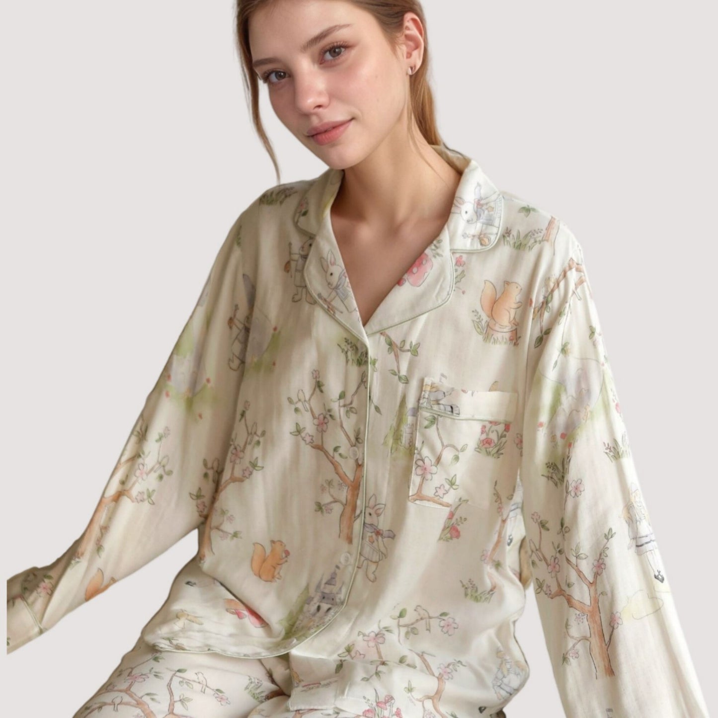 Anna-Kaci Lounge Women's Woodland Animal Pajama Set with Button-Up Long Sleeve Top and Relaxed Fit Pants