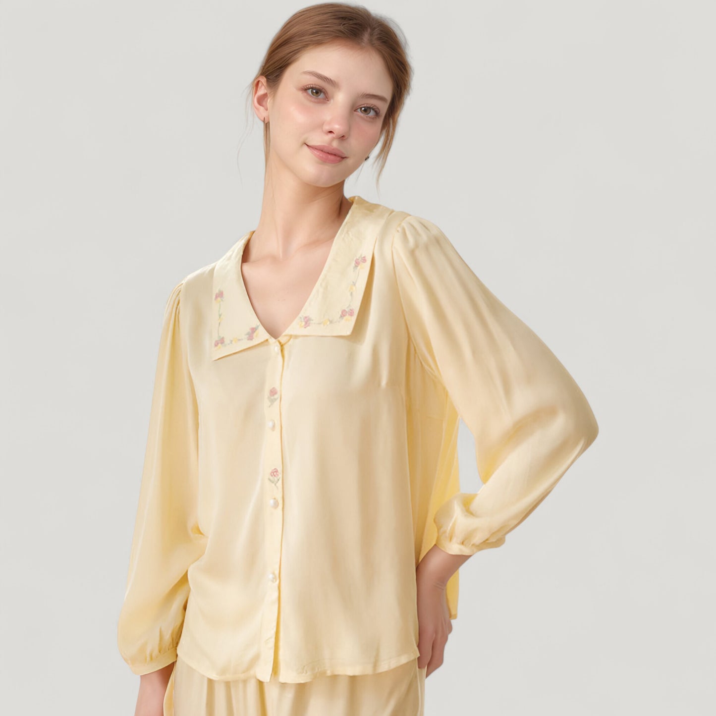 Anna-Kaci Lounge Women's Woven Two-Piece Pajama Set with Embroidered Sailor Collar and Button Down Top