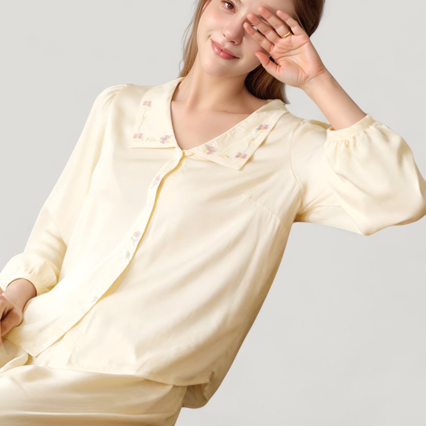 Anna-Kaci Lounge Women's Woven Two-Piece Pajama Set with Embroidered Sailor Collar and Button Down Top