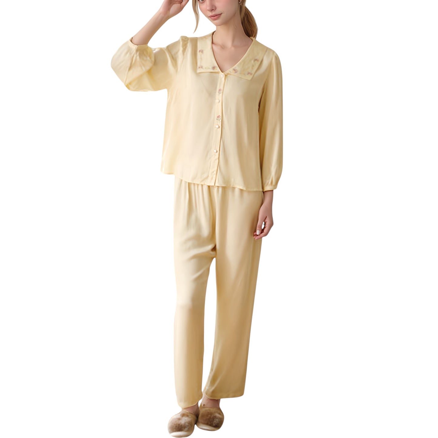 Anna-Kaci Lounge Women's Woven Two-Piece Pajama Set with Embroidered Sailor Collar and Button Down Top