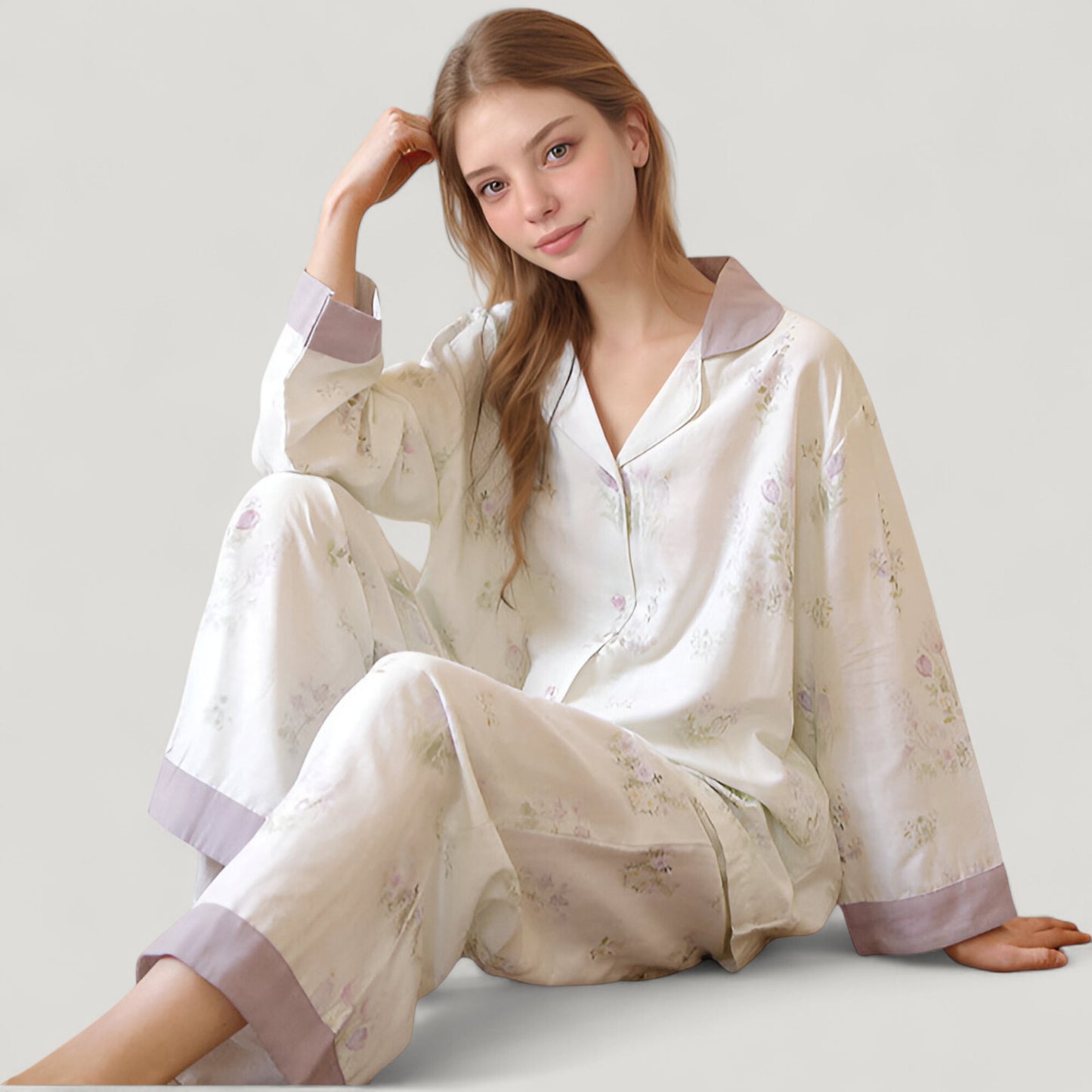 Anna-Kaci Lounge Women's Woven Two-Piece Pajama Set with Floral Print Contrast Trim and Relaxed Button Down Top