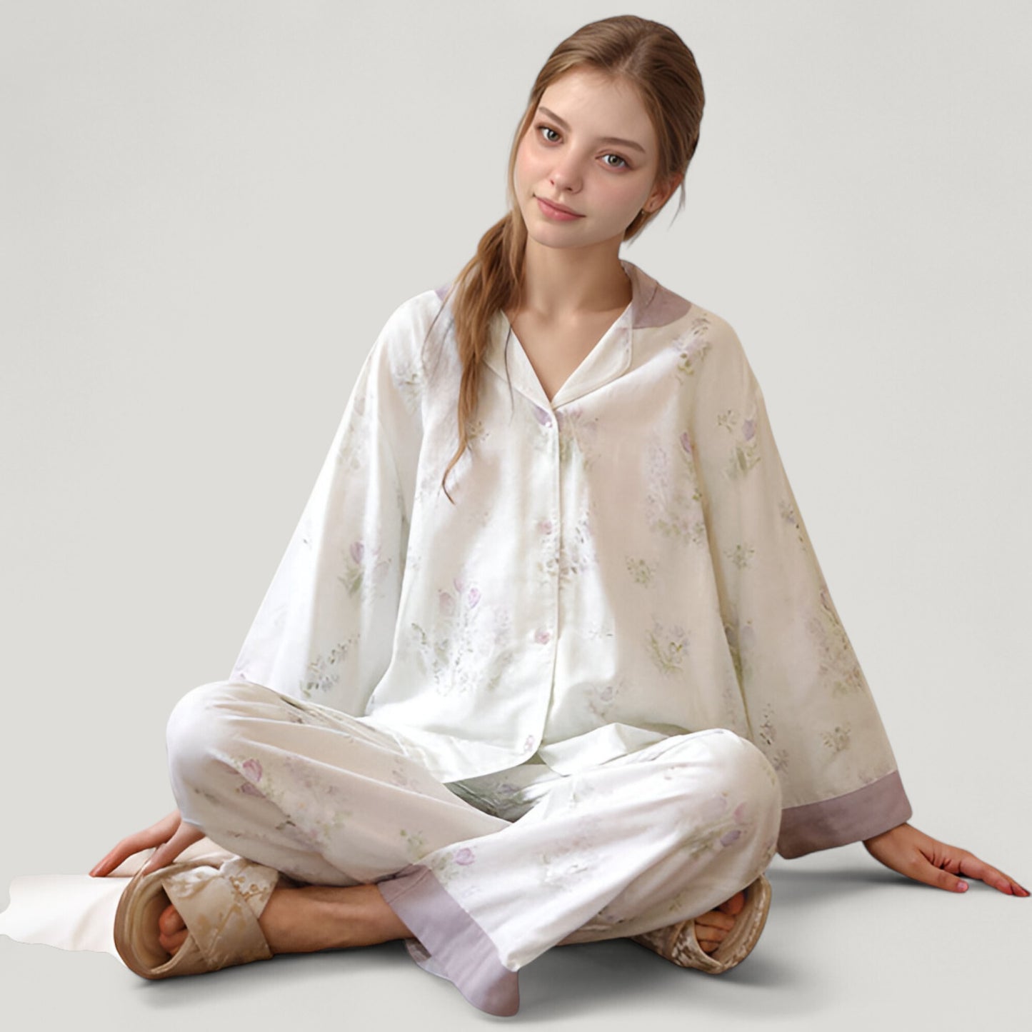 Anna-Kaci Lounge Women's Woven Two-Piece Pajama Set with Floral Print Contrast Trim and Relaxed Button Down Top