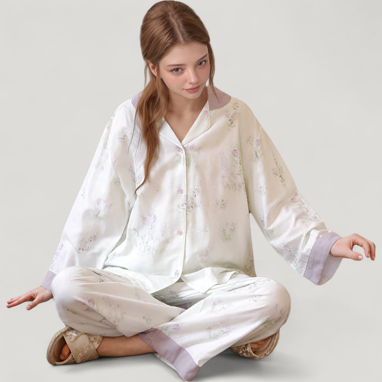 Anna-Kaci Lounge Women's Woven Two-Piece Pajama Set with Floral Print Contrast Trim and Relaxed Button Down Top