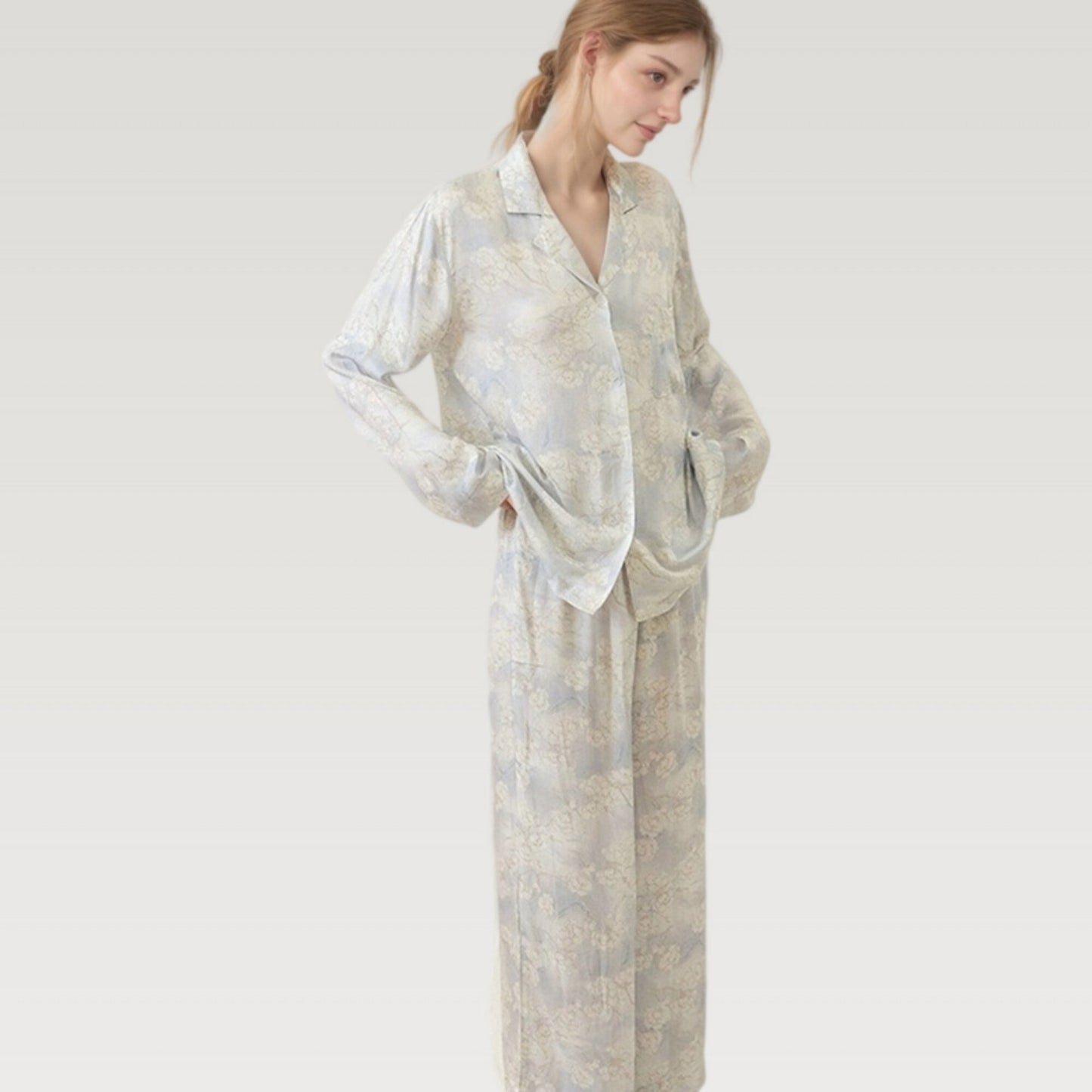 Anna-Kaci Lounge Women's Satin Floral Pajama Set with Button-Up Long Sleeve Top and Relaxed Fit Pants