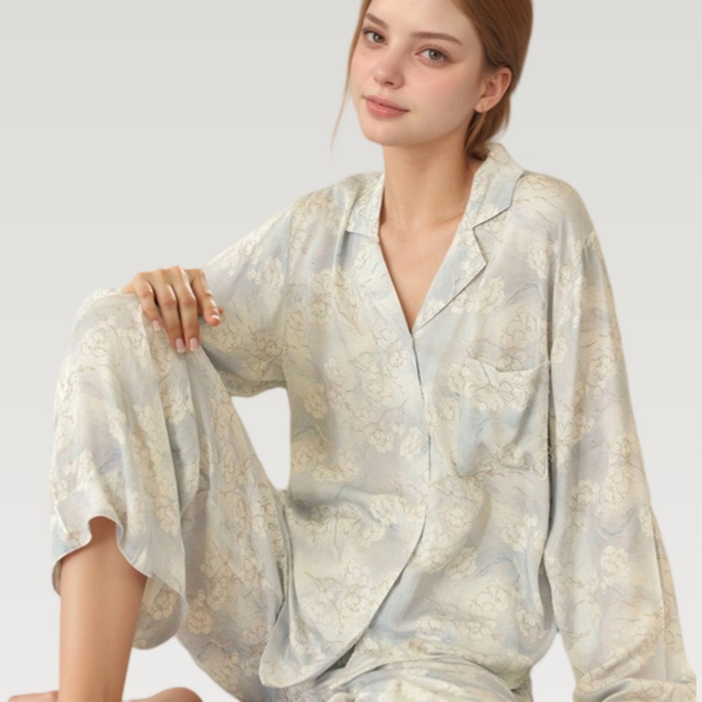 Anna-Kaci Lounge Women's Satin Floral Pajama Set with Button-Up Long Sleeve Top and Relaxed Fit Pants