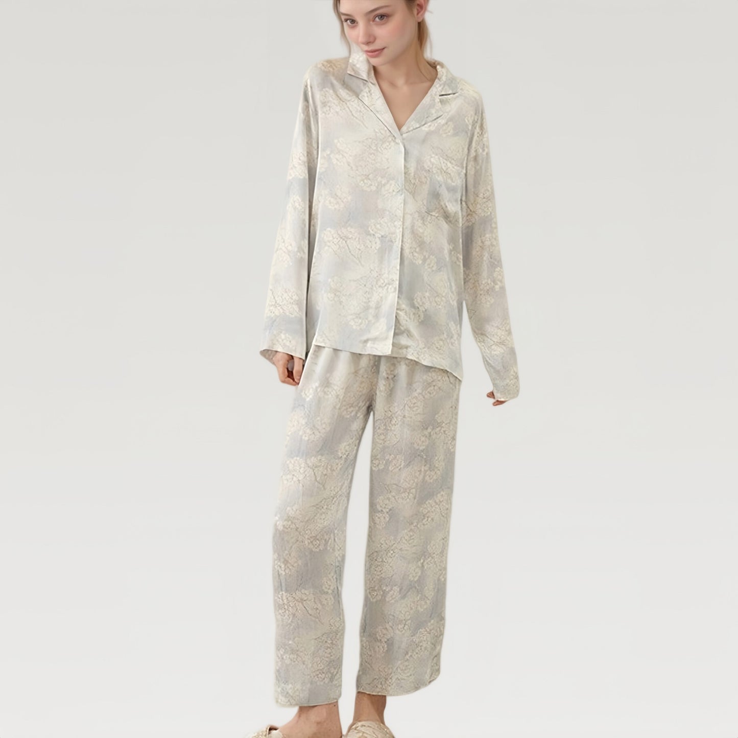 Anna-Kaci Lounge Women's Satin Floral Pajama Set with Button-Up Long Sleeve Top and Relaxed Fit Pants