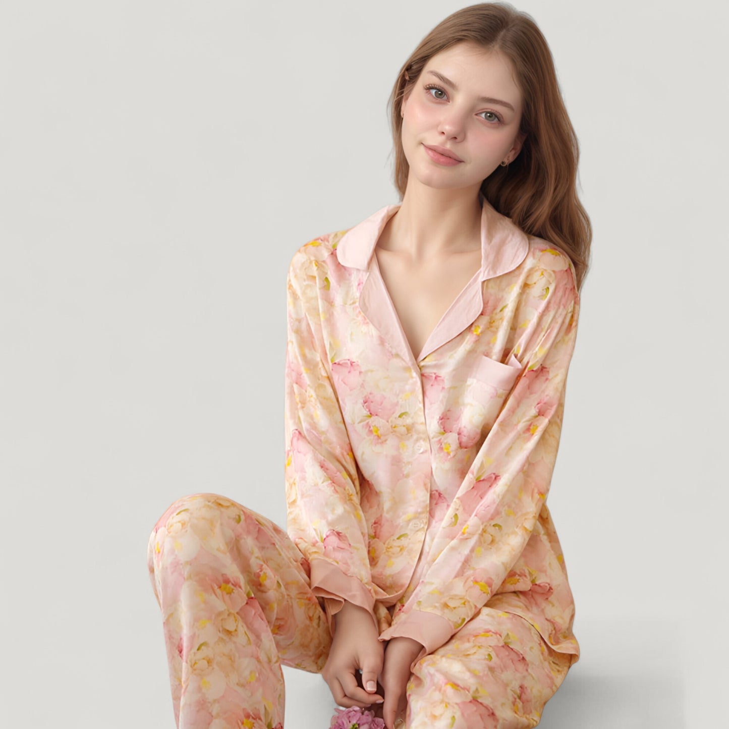 Anna-Kaci Women's Long Sleeve Button Front Pajama Set with Notched Collar and Floral Satin Finish