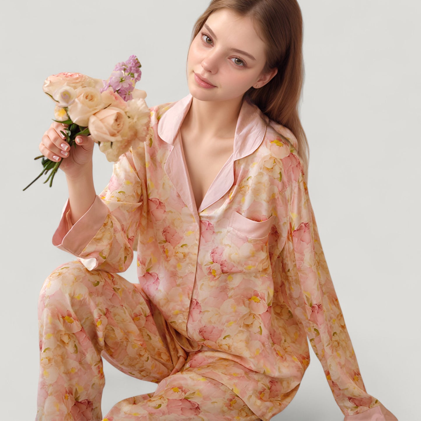 Anna-Kaci Women's Long Sleeve Button Front Pajama Set with Notched Collar and Floral Satin Finish