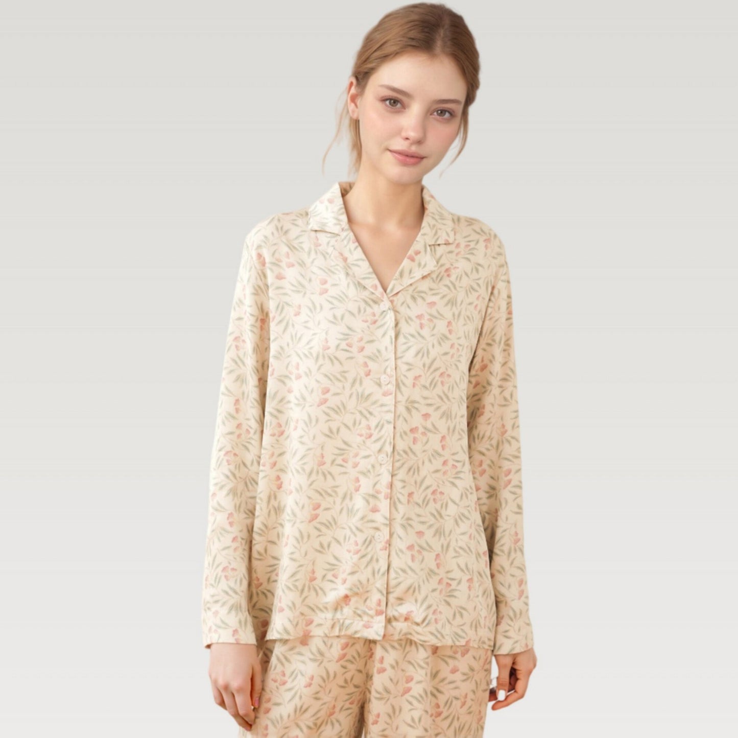 Anna-Kaci Lounge Women's Satin Botanical Print Pajama Set with Long Sleeve Button Top and Contrast Hem Pants