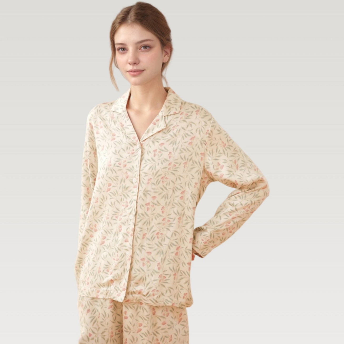 Anna-Kaci Lounge Women's Satin Botanical Print Pajama Set with Long Sleeve Button Top and Contrast Hem Pants