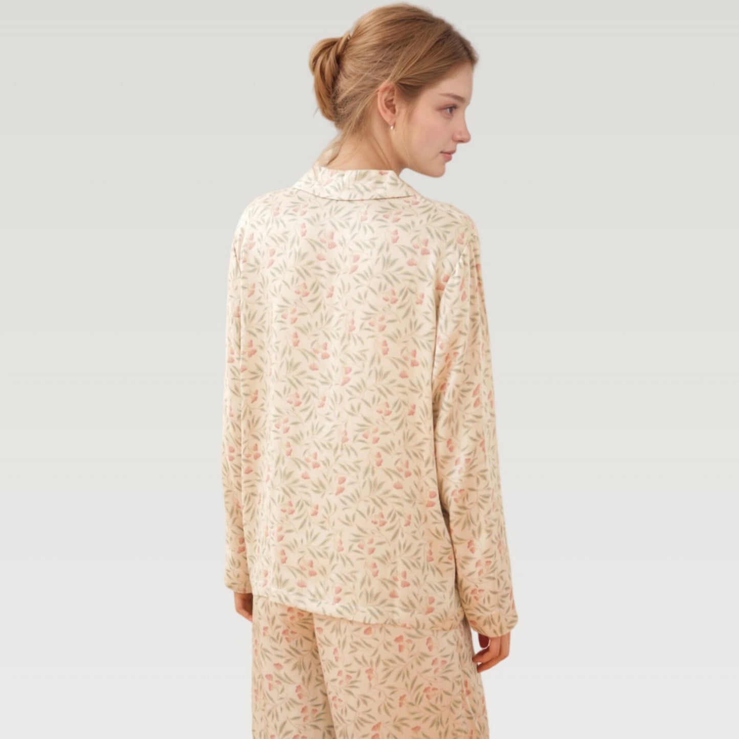 Anna-Kaci Lounge Women's Satin Botanical Print Pajama Set with Long Sleeve Button Top and Contrast Hem Pants