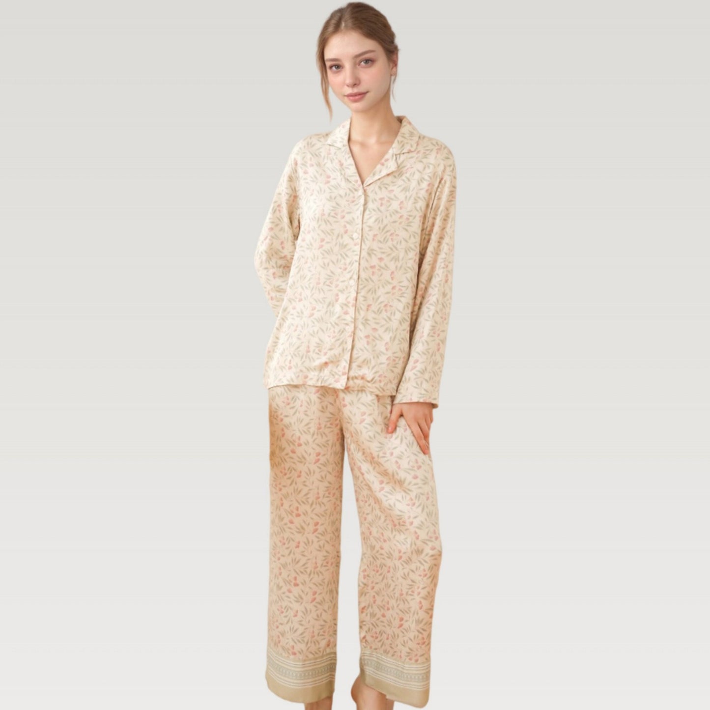 Anna-Kaci Lounge Women's Satin Botanical Print Pajama Set with Long Sleeve Button Top and Contrast Hem Pants