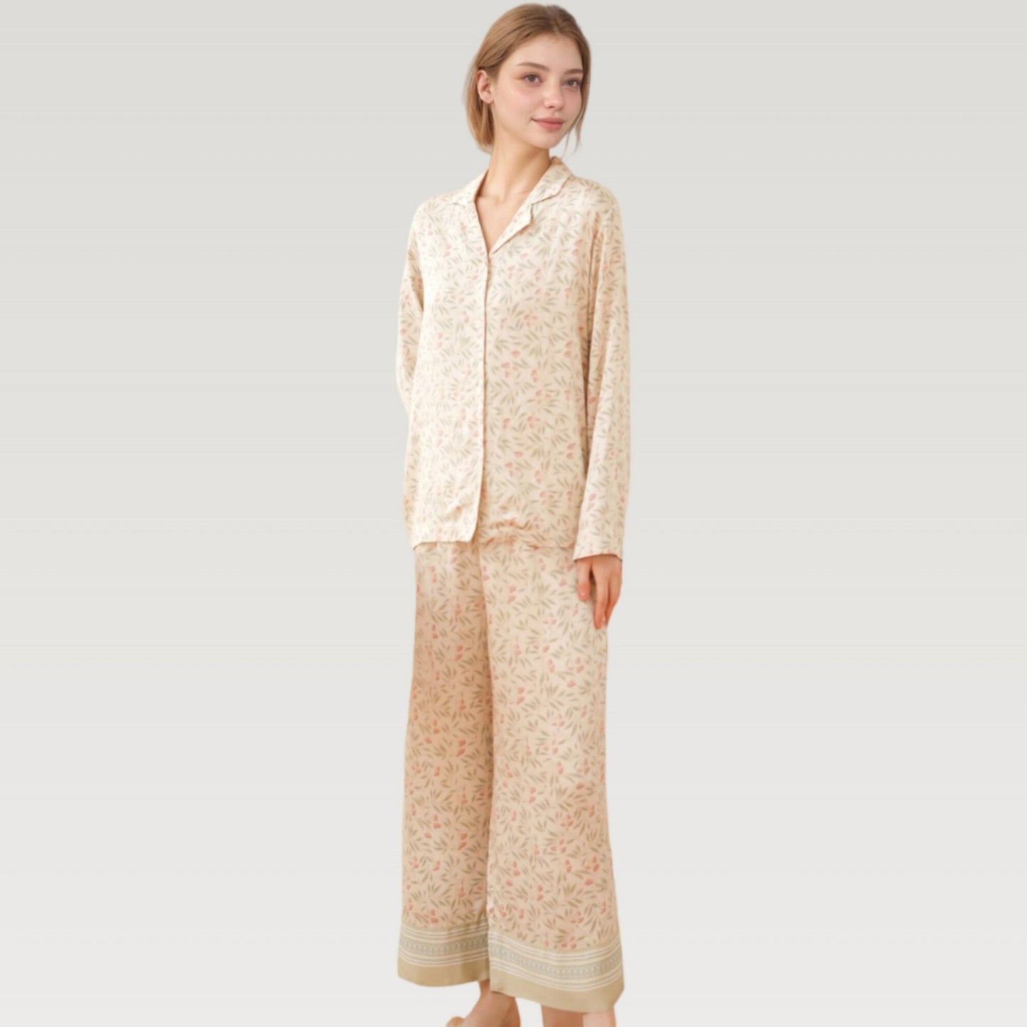 Anna-Kaci Lounge Women's Satin Botanical Print Pajama Set with Long Sleeve Button Top and Contrast Hem Pants