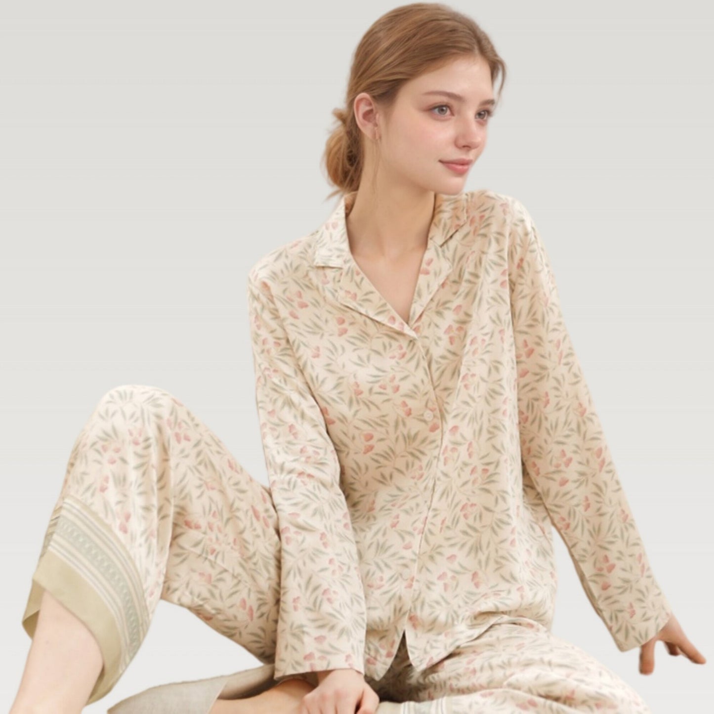 Anna-Kaci Lounge Women's Satin Botanical Print Pajama Set with Long Sleeve Button Top and Contrast Hem Pants