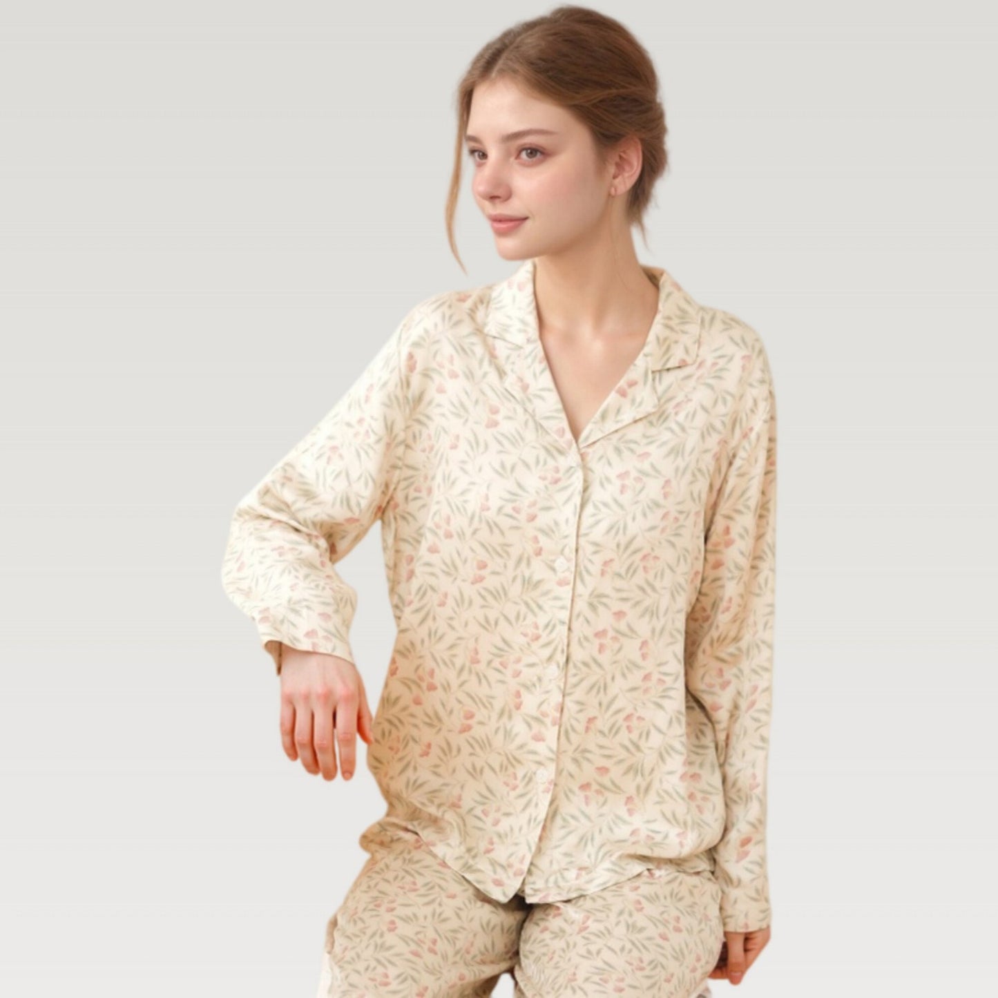 Anna-Kaci Lounge Women's Satin Botanical Print Pajama Set with Long Sleeve Button Top and Contrast Hem Pants