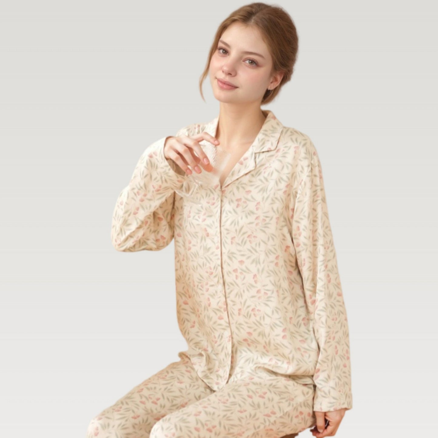 Anna-Kaci Lounge Women's Satin Botanical Print Pajama Set with Long Sleeve Button Top and Contrast Hem Pants