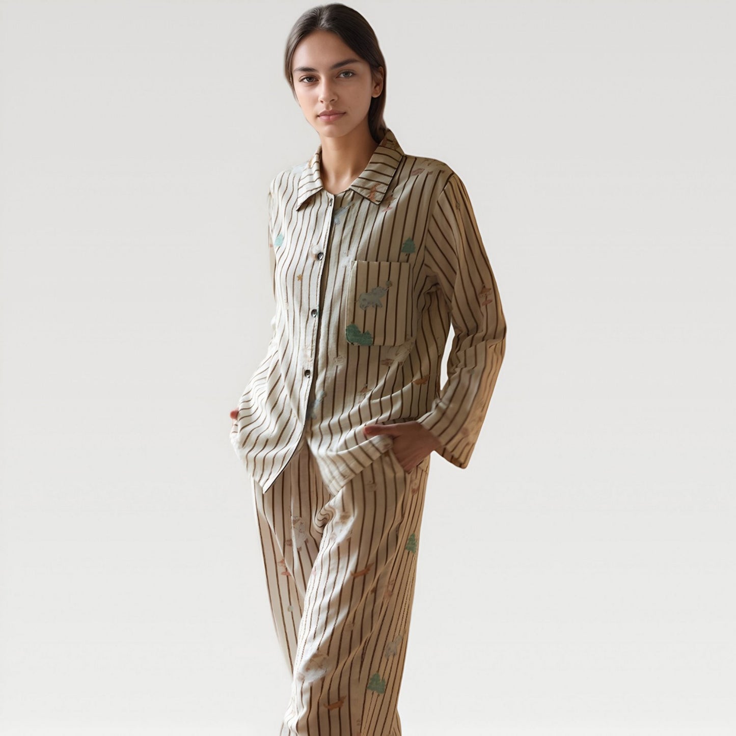 Anna-Kaci Lounge Women's Satin Striped Pajama Set with Button Up Long Sleeve Shirt and Illustrated Tree Print Pants