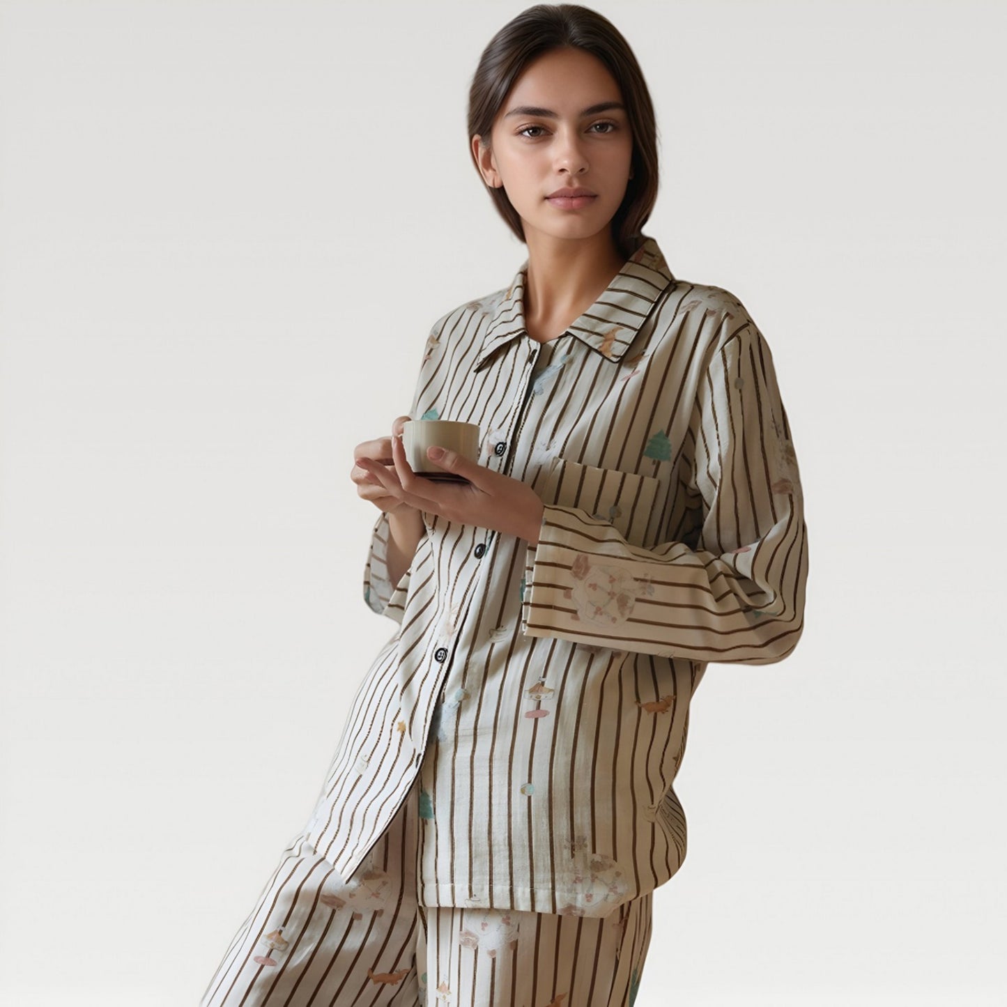 Anna-Kaci Lounge Women's Satin Striped Pajama Set with Button Up Long Sleeve Shirt and Illustrated Tree Print Pants