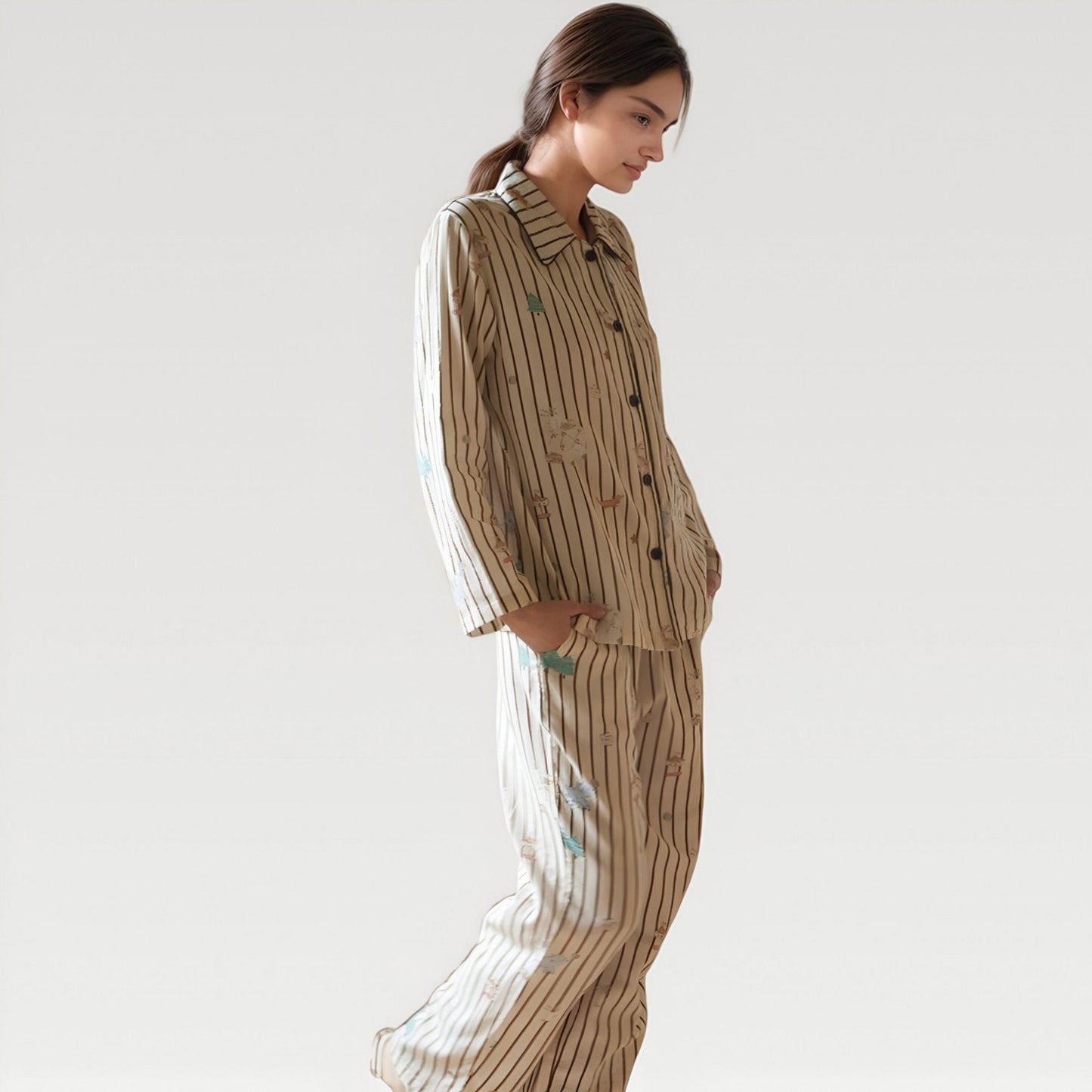 Anna-Kaci Lounge Women's Satin Striped Pajama Set with Button Up Long Sleeve Shirt and Illustrated Tree Print Pants