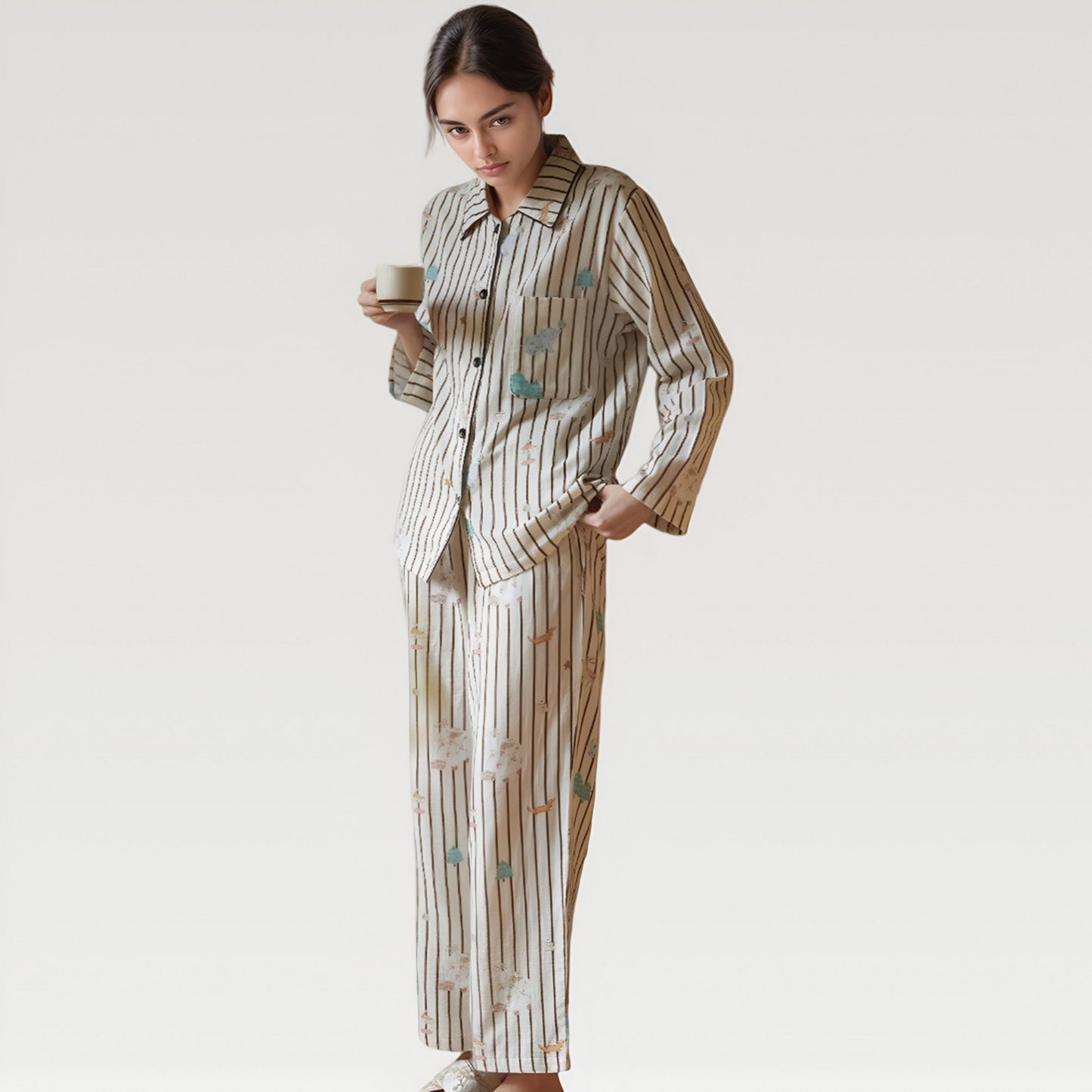 Anna-Kaci Lounge Women's Satin Striped Pajama Set with Button Up Long Sleeve Shirt and Illustrated Tree Print Pants