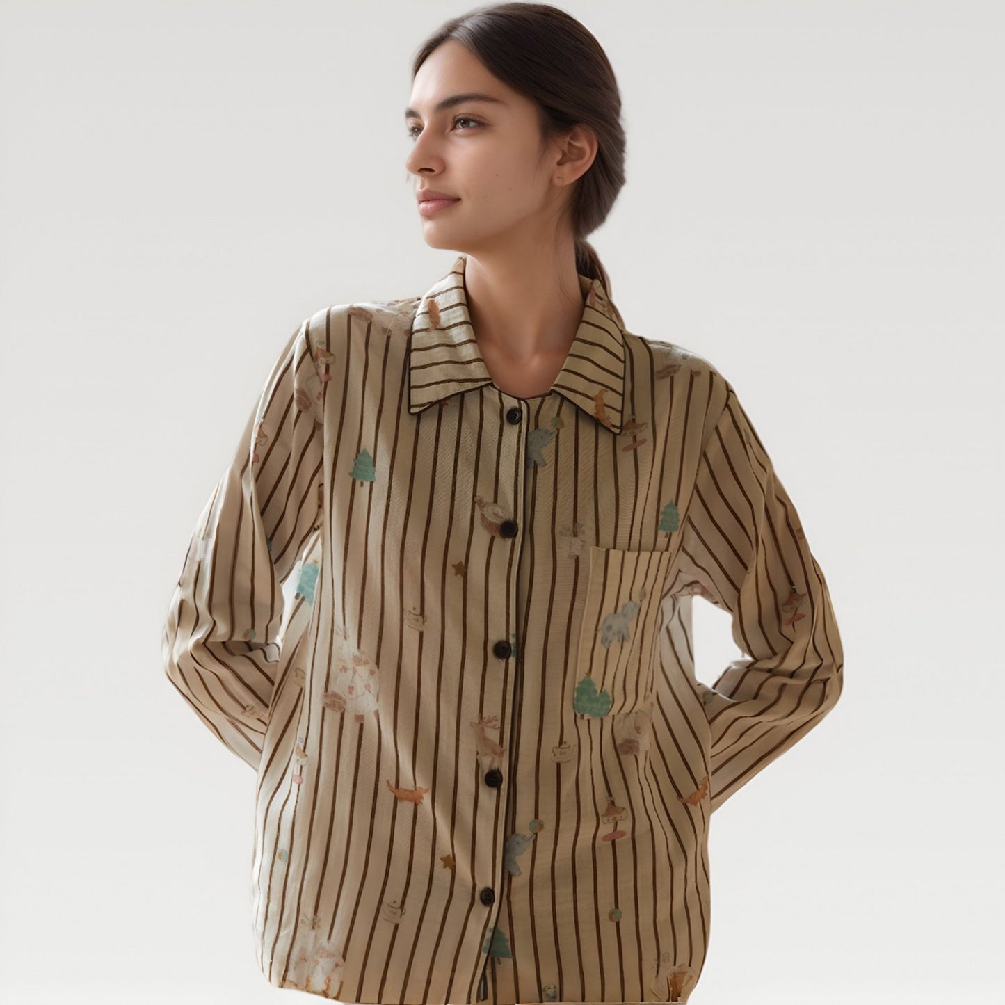Anna-Kaci Lounge Women's Satin Striped Pajama Set with Button Up Long Sleeve Shirt and Illustrated Tree Print Pants