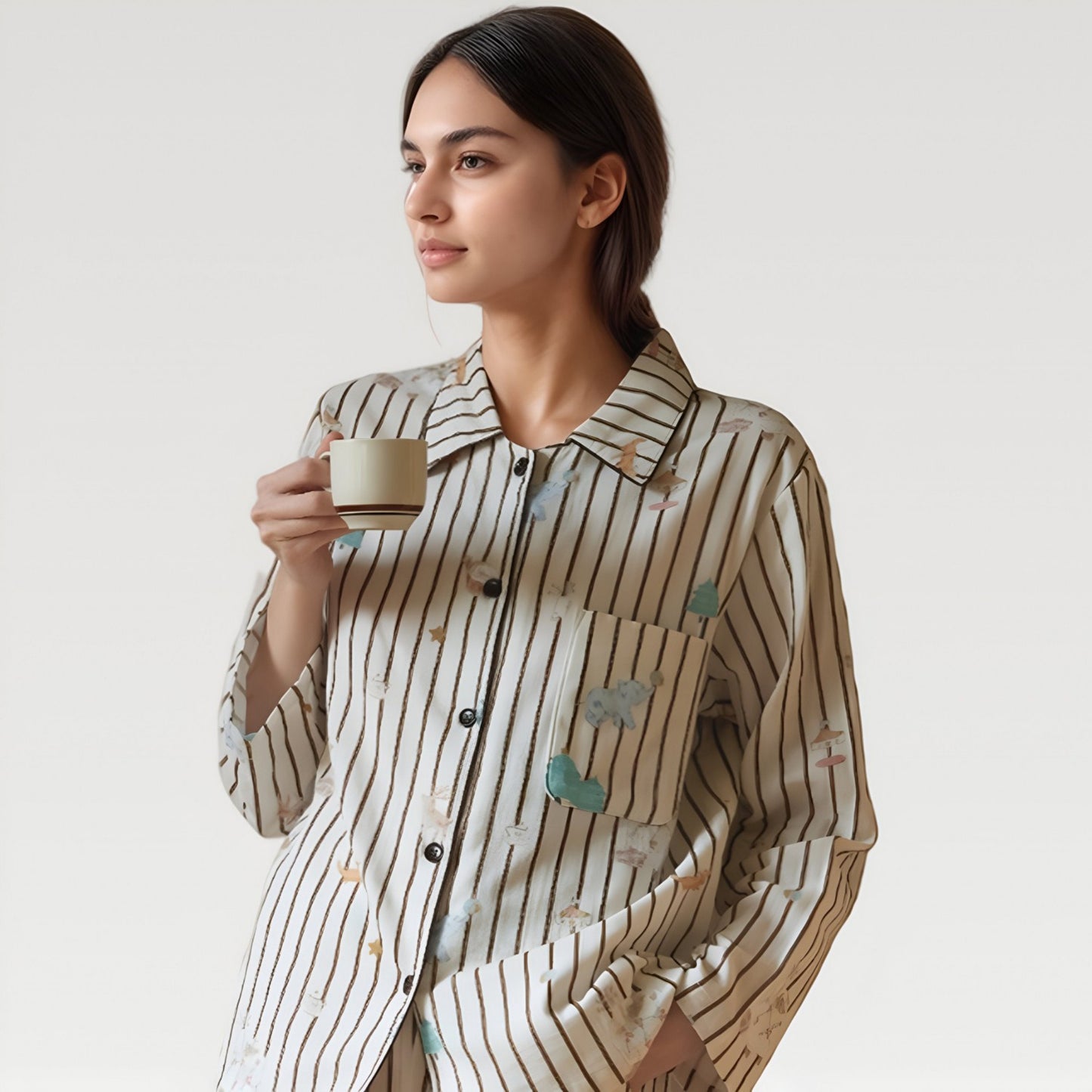 Anna-Kaci Lounge Women's Satin Striped Pajama Set with Button Up Long Sleeve Shirt and Illustrated Tree Print Pants